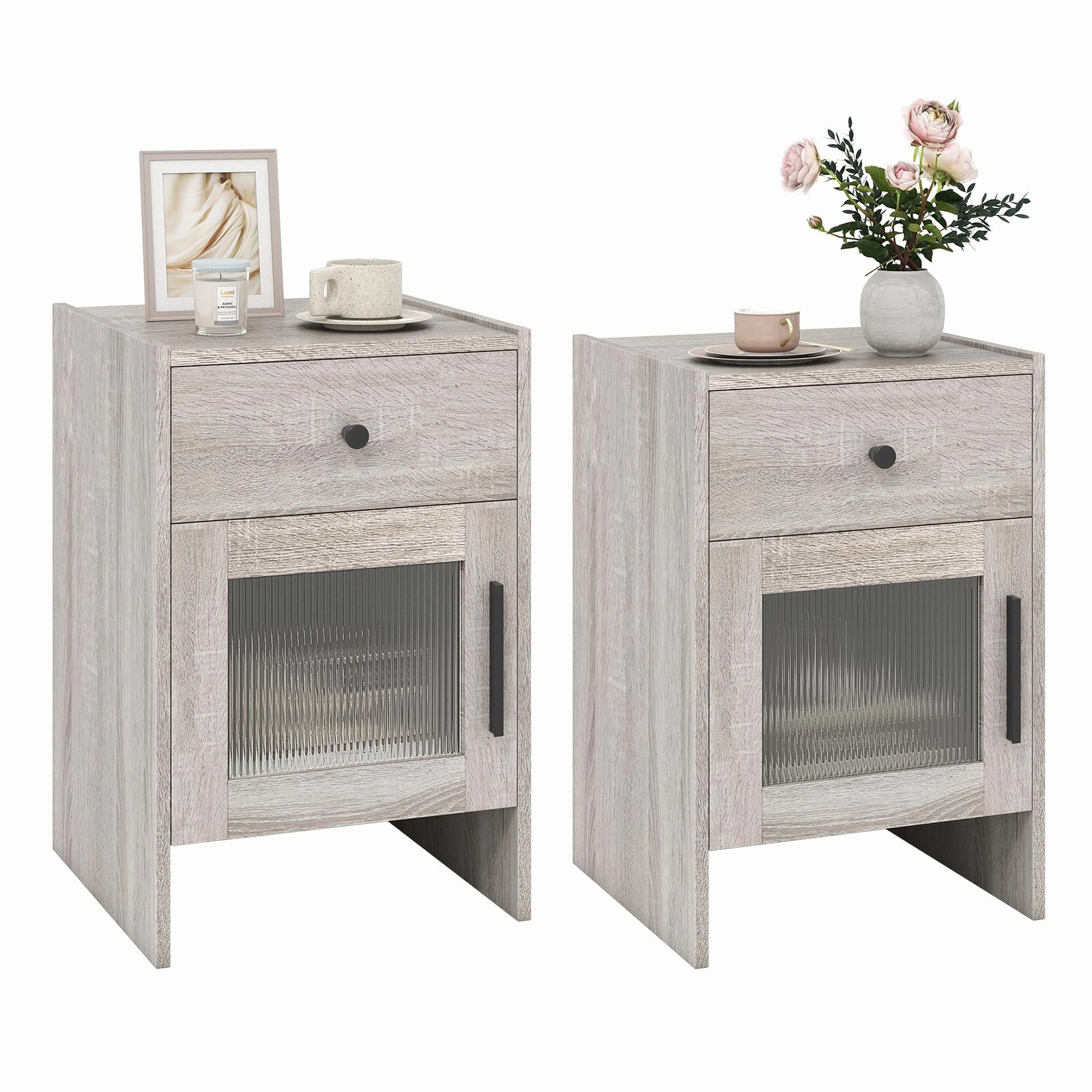 Giantex Farmhouse Nightstand with Drawer and Cabinet