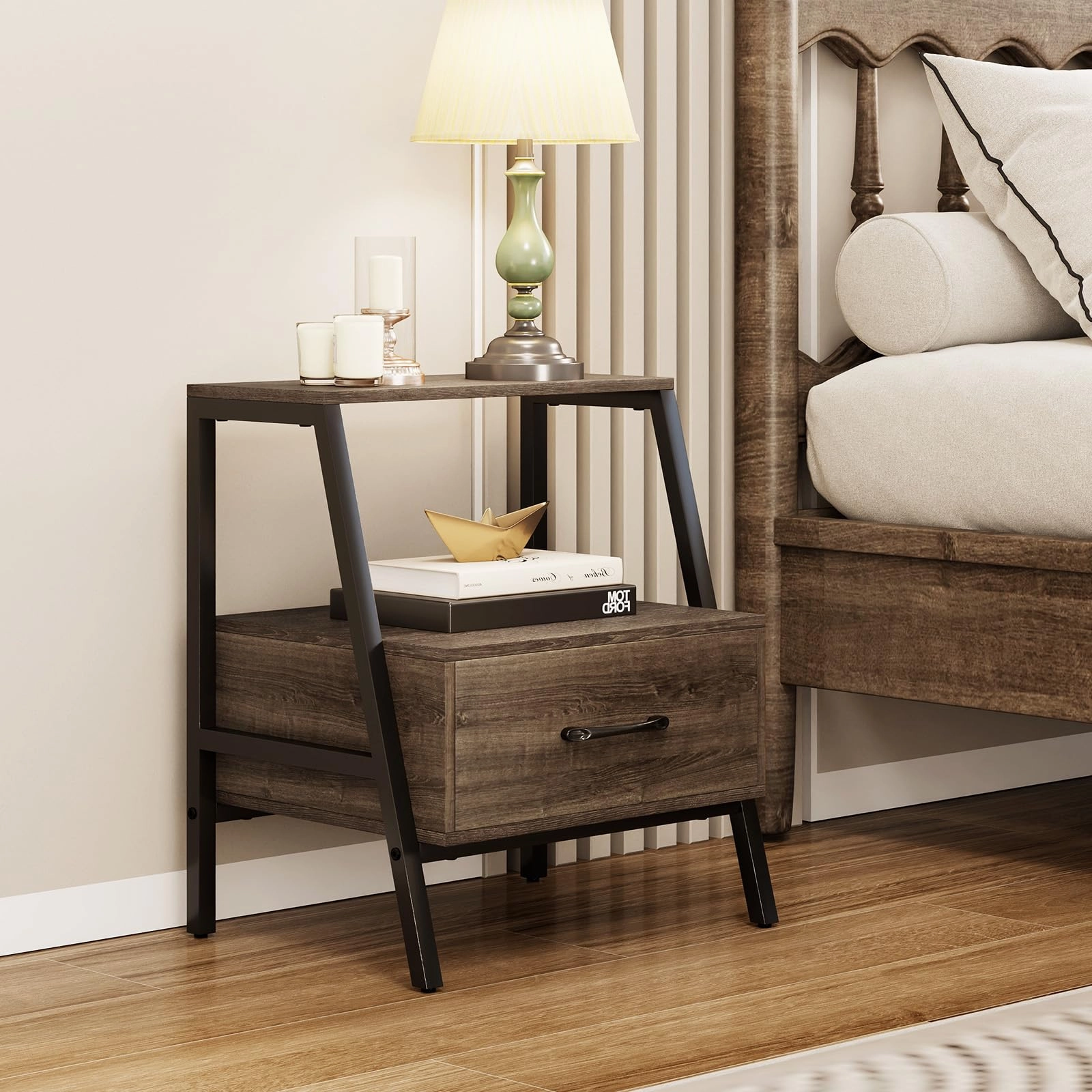 Giantex Farmhouse Nightstand with Drawer Set of 1/2