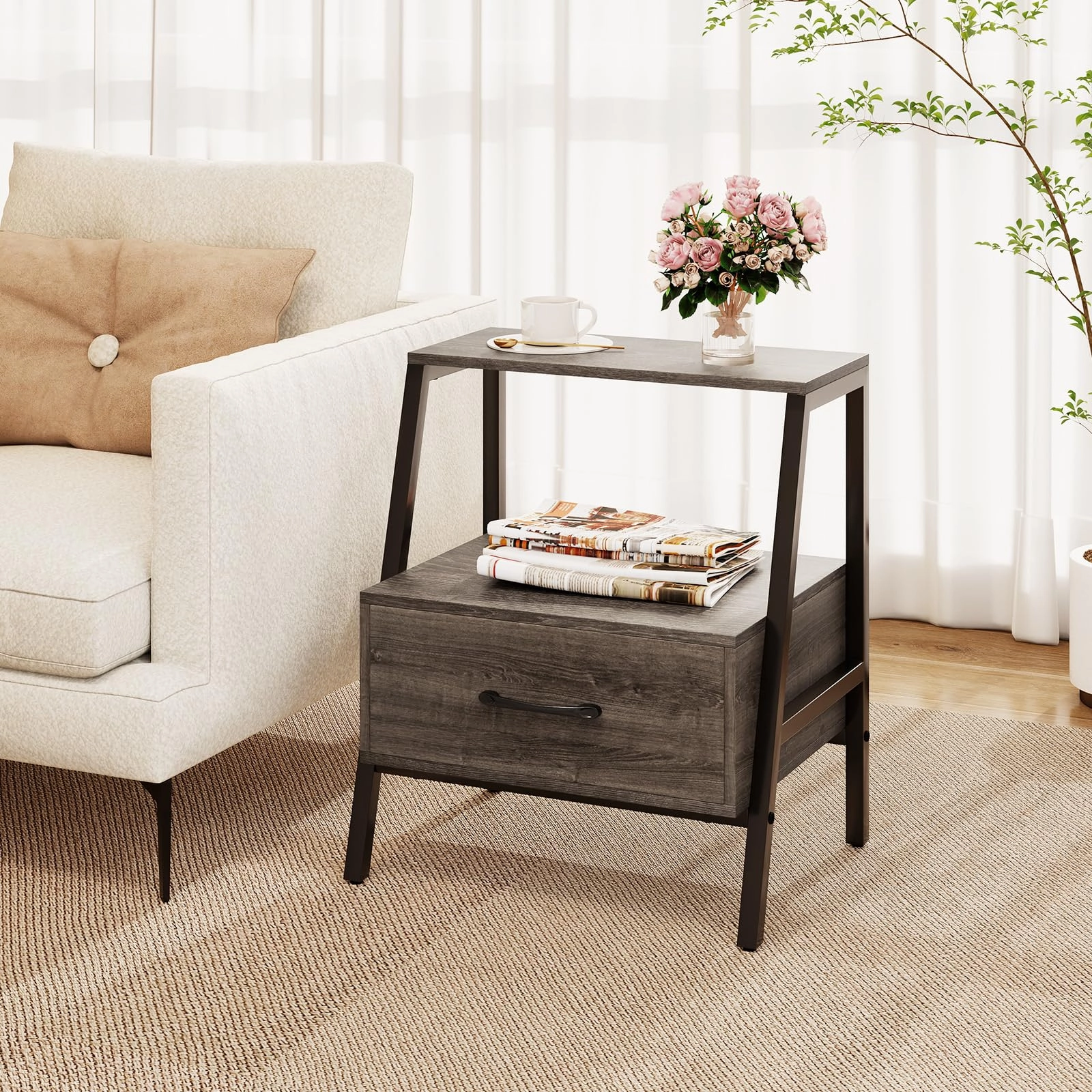 Giantex Farmhouse Nightstand with Drawer Set of 1/2