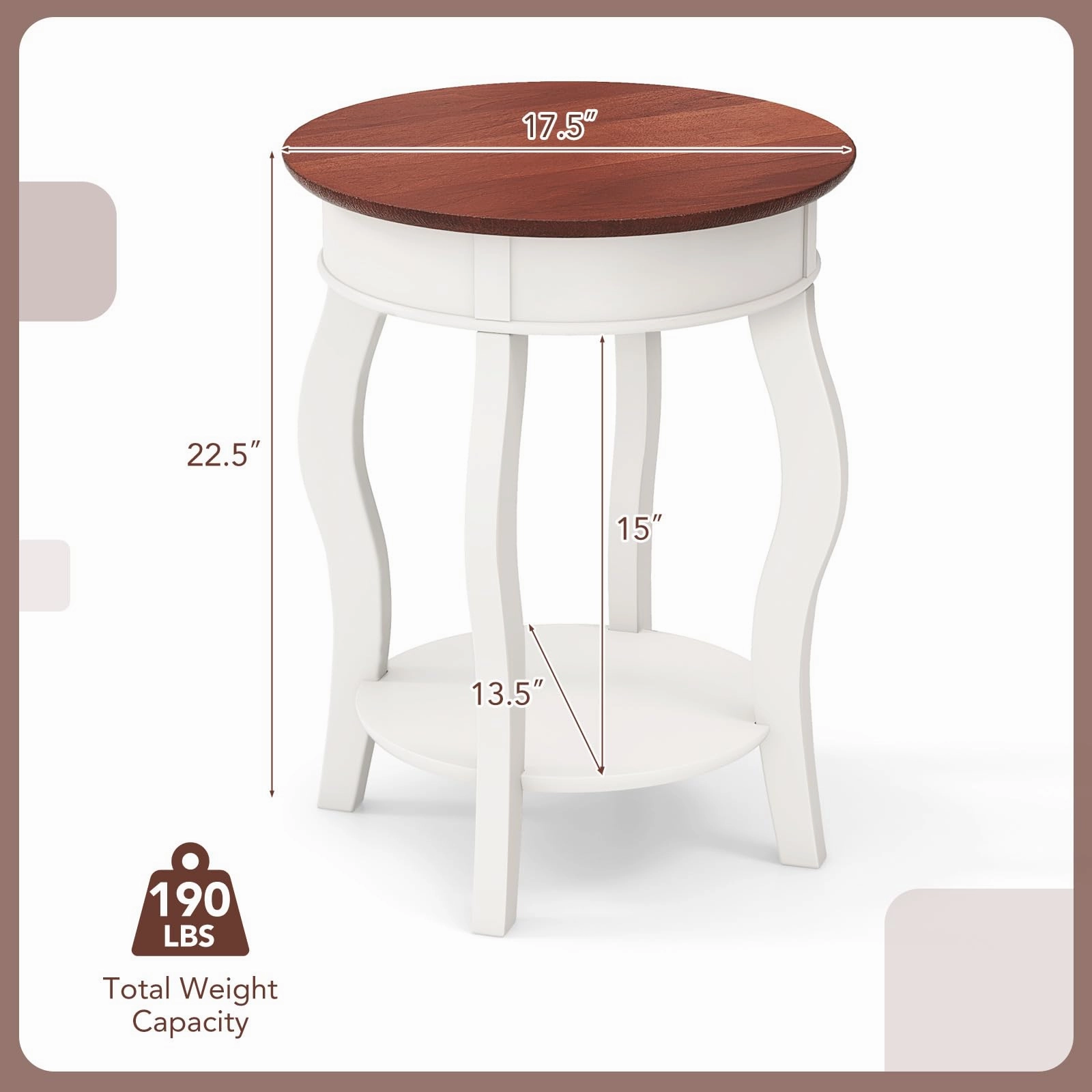 Giantex Farmhouse Round End Table, 2-Tier Sofa Side Table with Storage Shelf, Small Wooden Tea Table with Solid Rubber Wood Legs