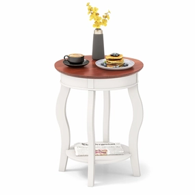 Giantex Farmhouse Round End Table, 2-Tier Sofa Side Table with Storage Shelf, Small Wooden Tea Table with Solid Rubber Wood Legs throw pillow, fuzzy blanket
