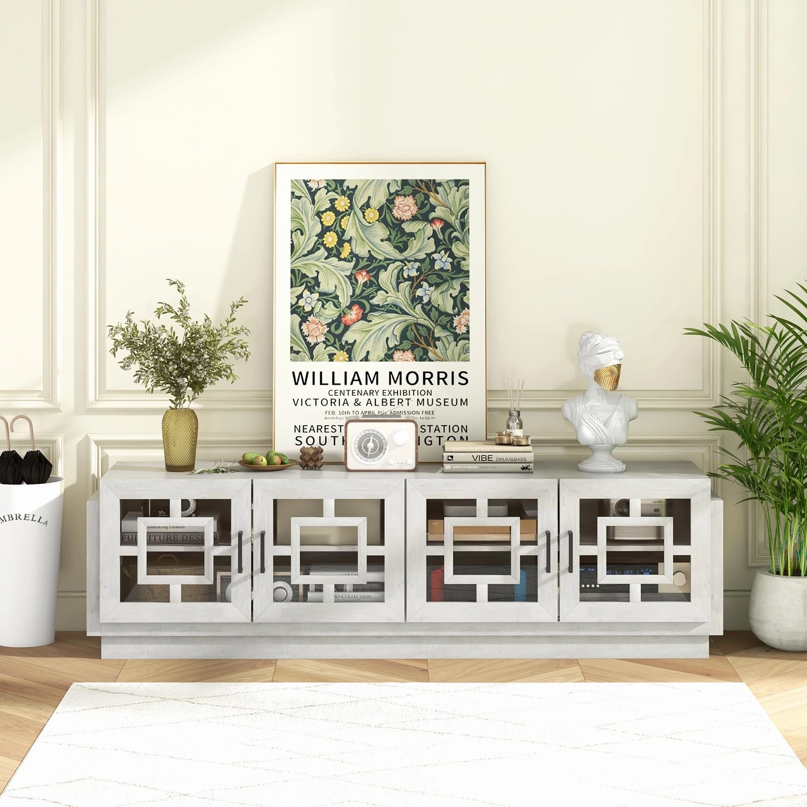 Giantex Farmhouse TV Stand for TVs up to 75, 4-Door Glass Entertainment Center with 2 Cabinets