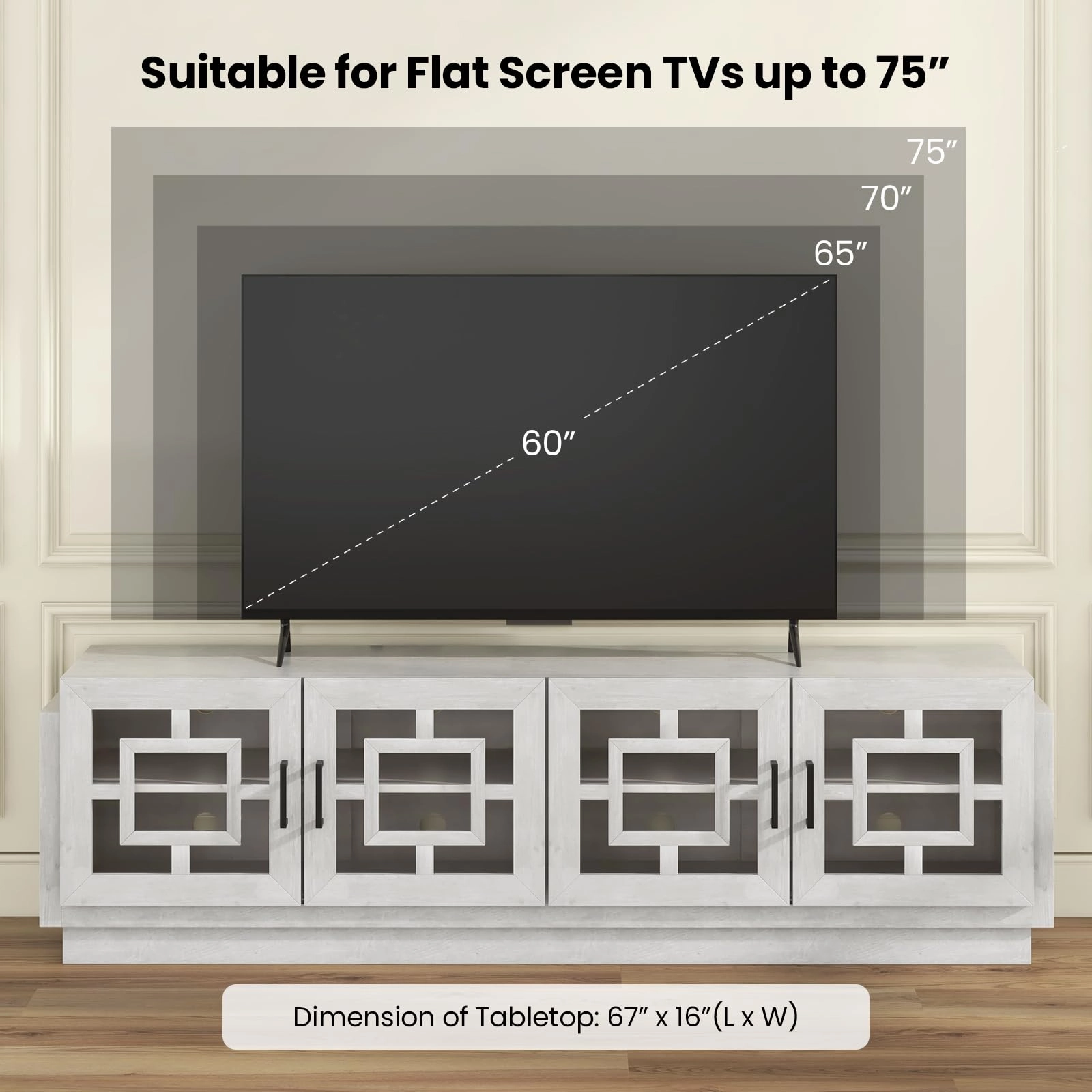 Giantex Farmhouse TV Stand for TVs up to 75, 4-Door Glass Entertainment Center with 2 Cabinets