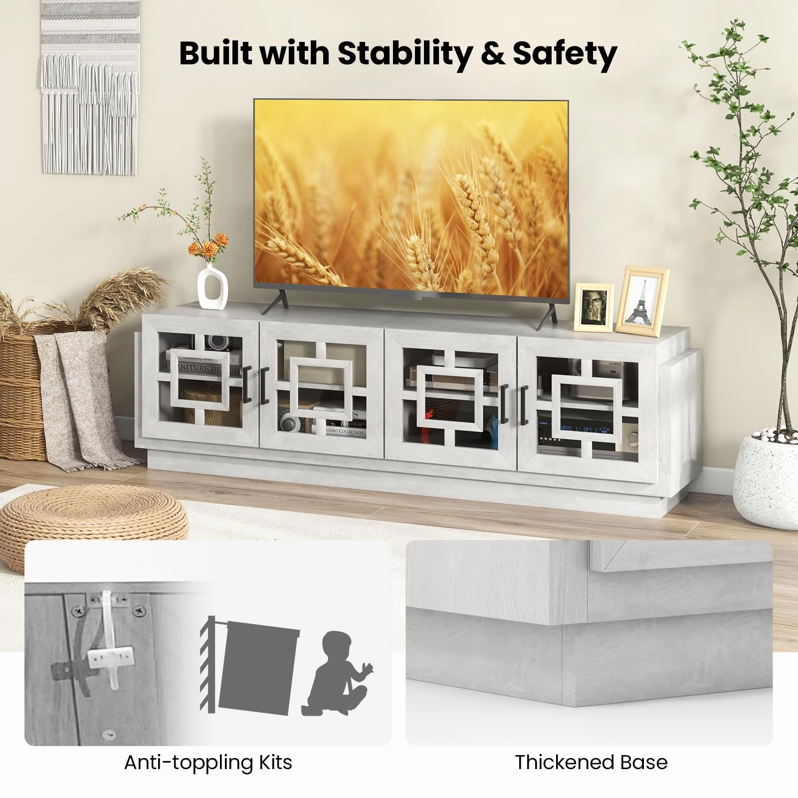 Giantex Farmhouse TV Stand for TVs up to 75, 4-Door Glass Entertainment Center with 2 Cabinets