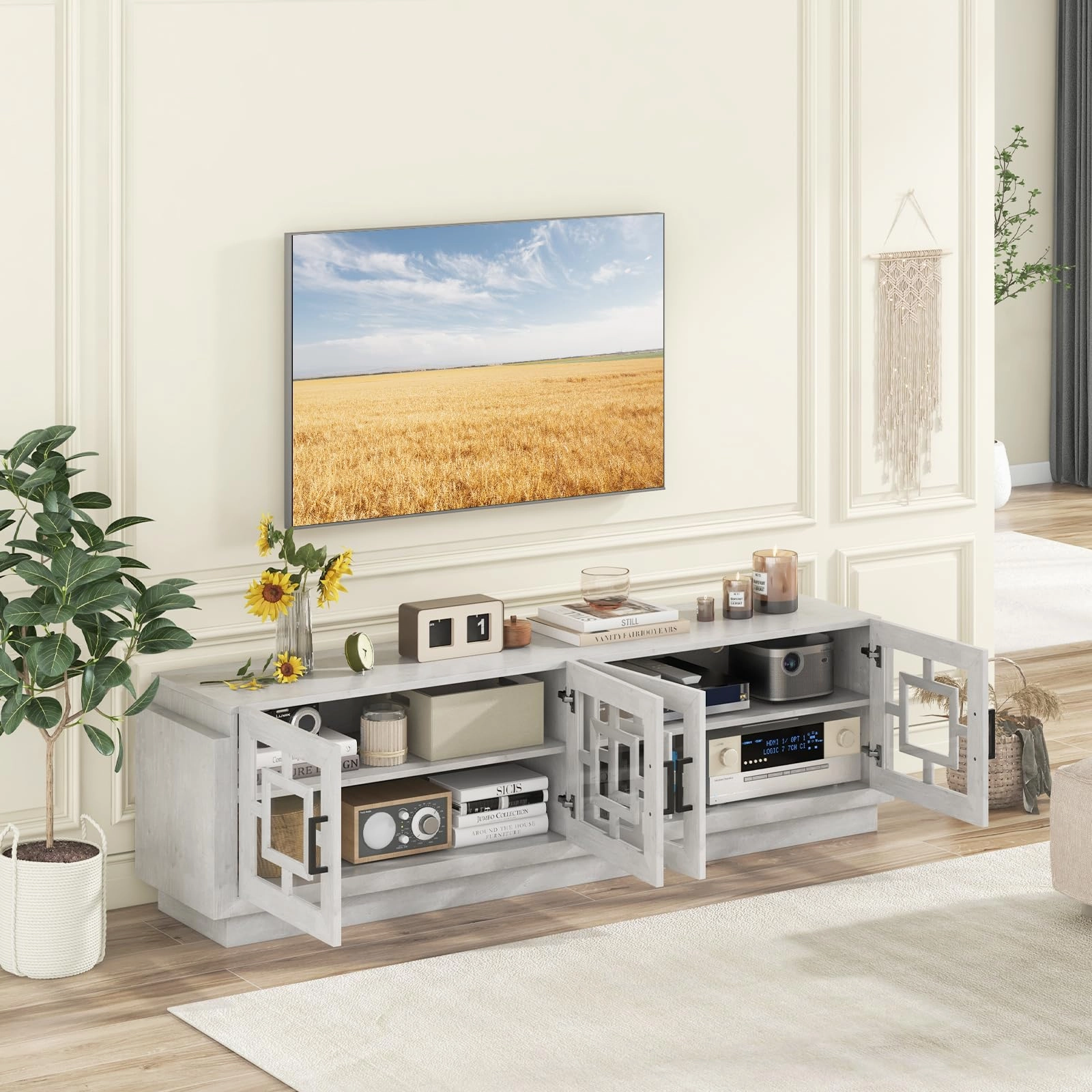 Giantex Farmhouse TV Stand for TVs up to 75, 4-Door Glass Entertainment Center with 2 Cabinets