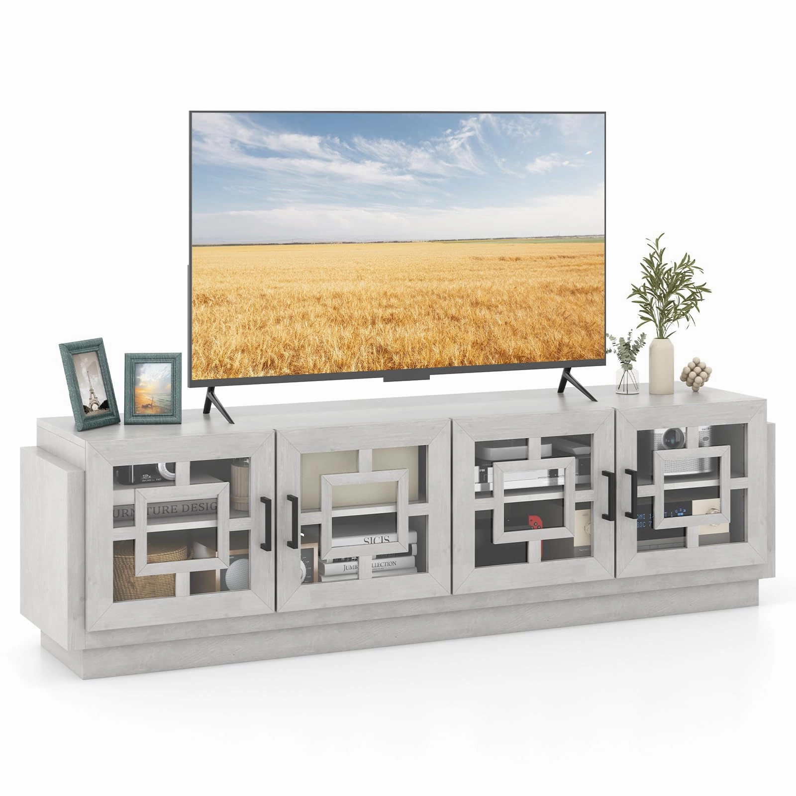 Giantex Farmhouse TV Stand for TVs up to 75, 4-Door Glass Entertainment Center with 2 Cabinets throw pillow, fuzzy blanket