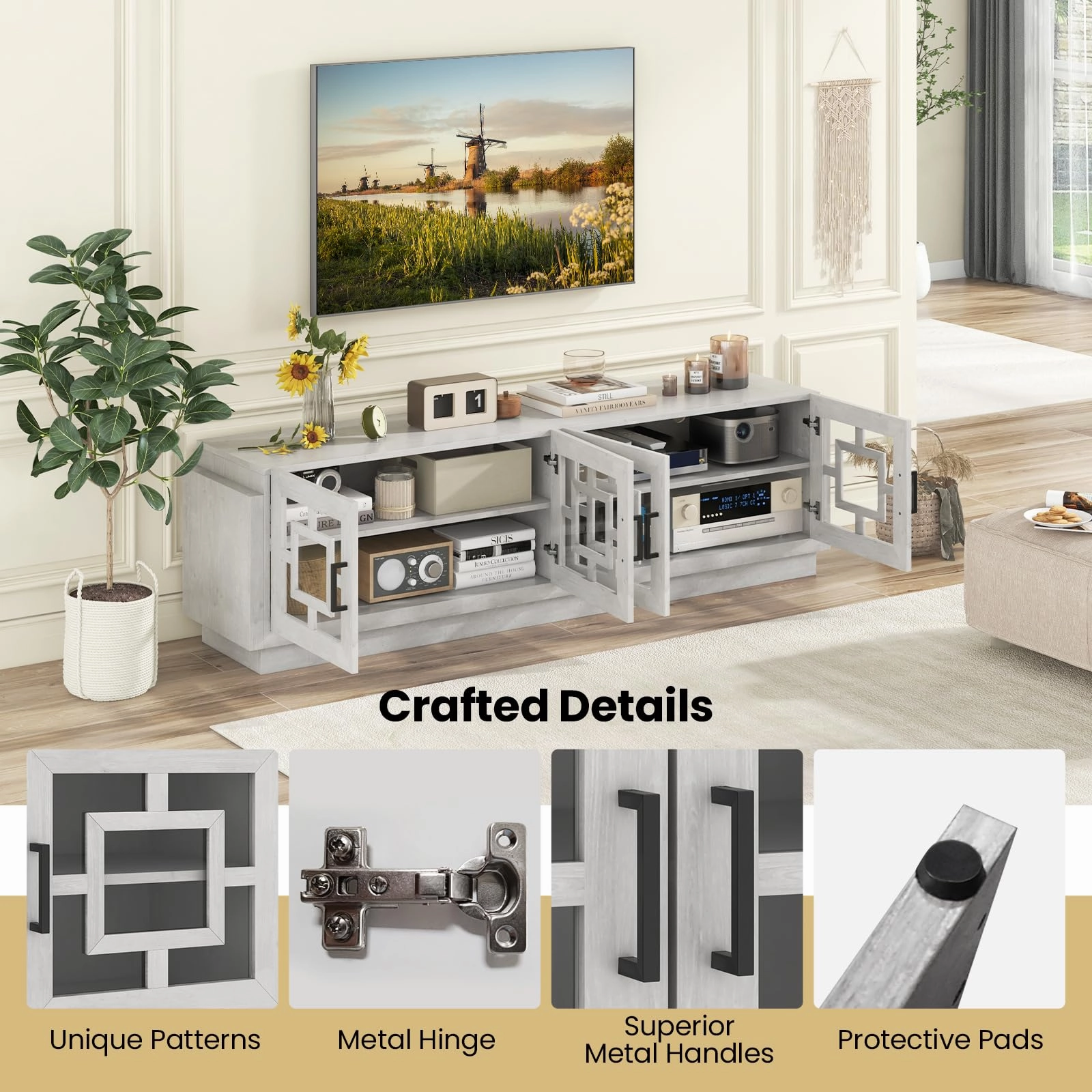 Giantex Farmhouse TV Stand for TVs up to 75, 4-Door Glass Entertainment Center with 2 Cabinets
