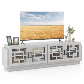 Giantex Farmhouse TV Stand for TVs up to 75, 4-Door Glass Entertainment Center with 2 Cabinets doormat, welcome mat