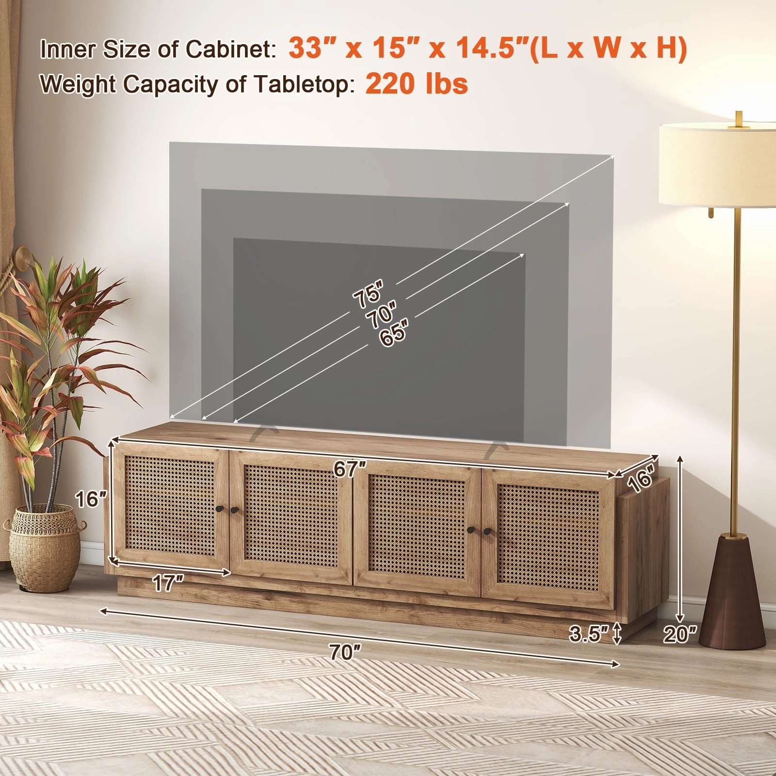 Giantex Farmhouse TV Stand for TVs up to 75, 4-Door PE Rattan Entertainment Center