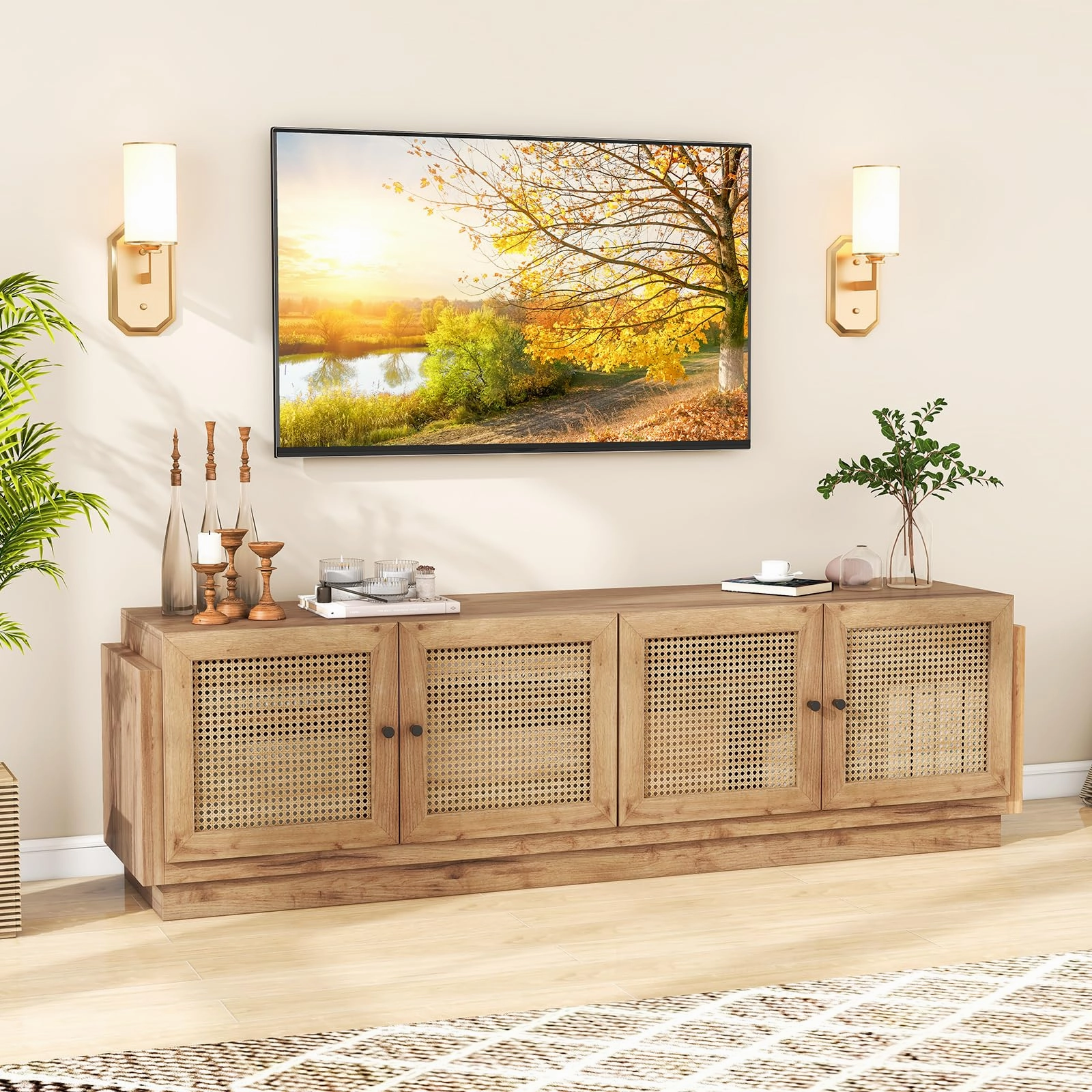 Giantex Farmhouse TV Stand for TVs up to 75, 4-Door PE Rattan Entertainment Center