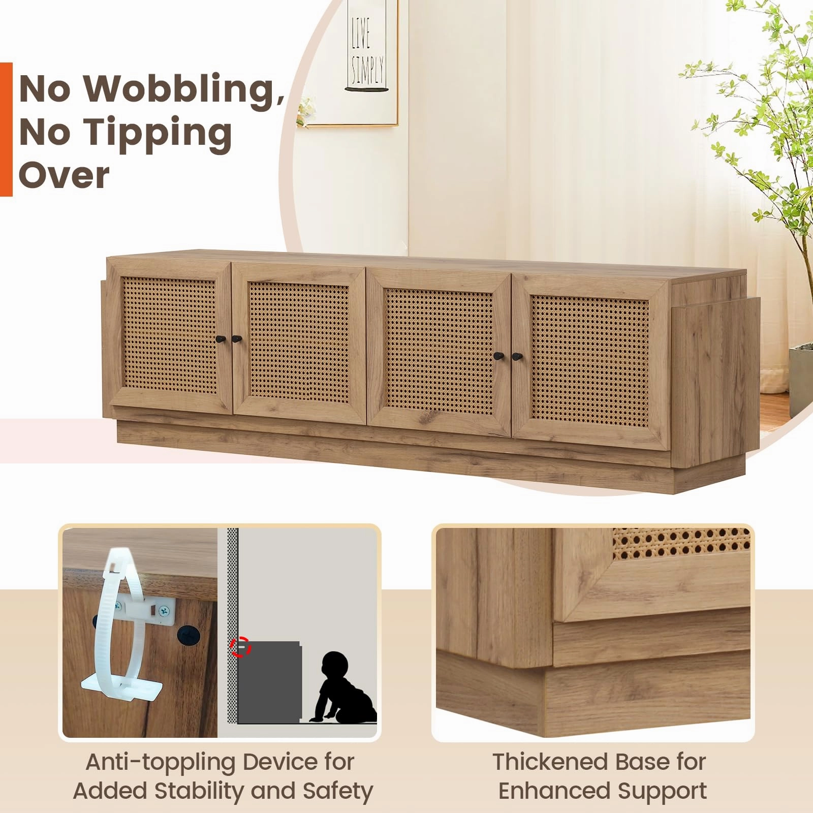 Giantex Farmhouse TV Stand for TVs up to 75, 4-Door PE Rattan Entertainment Center