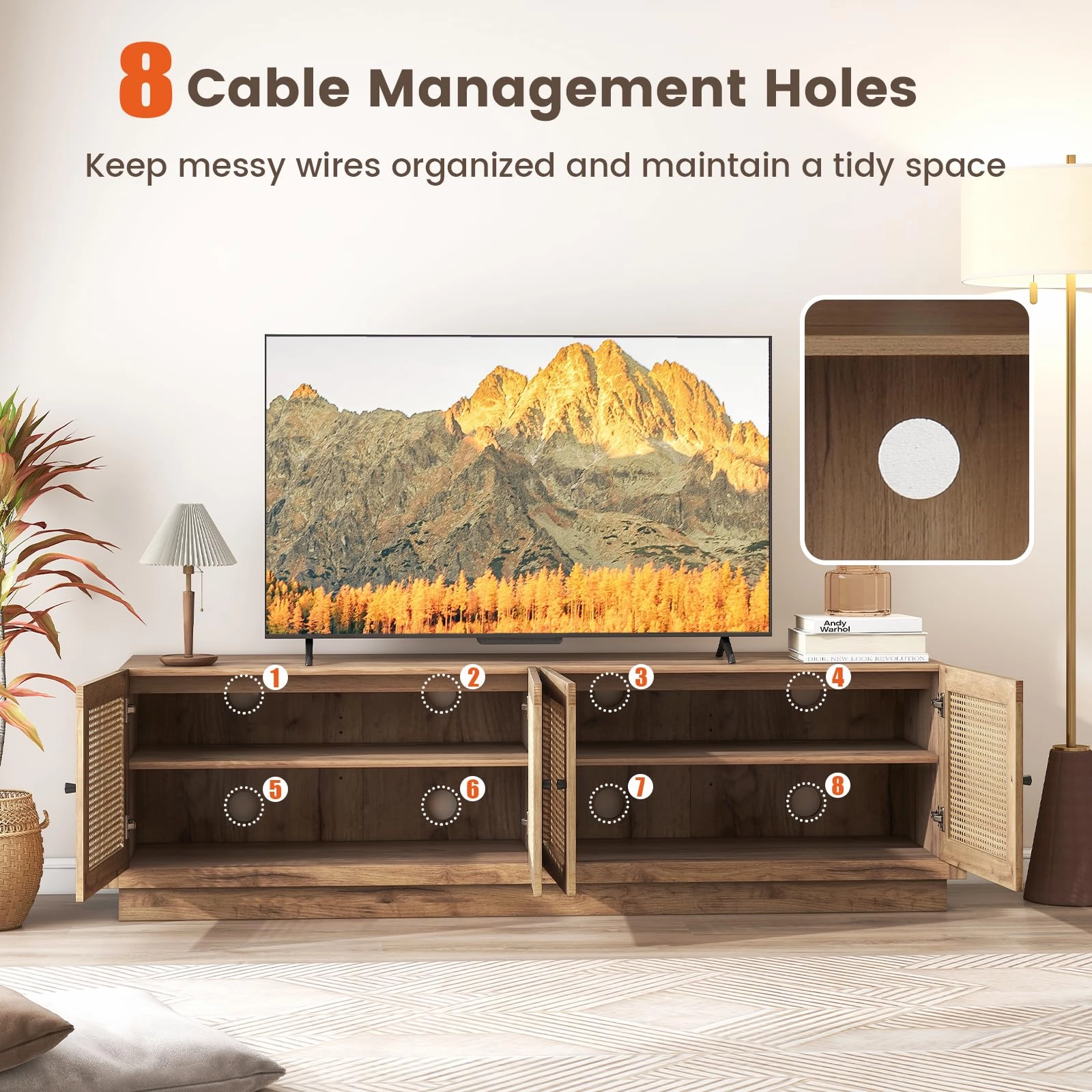 Giantex Farmhouse TV Stand for TVs up to 75, 4-Door PE Rattan Entertainment Center