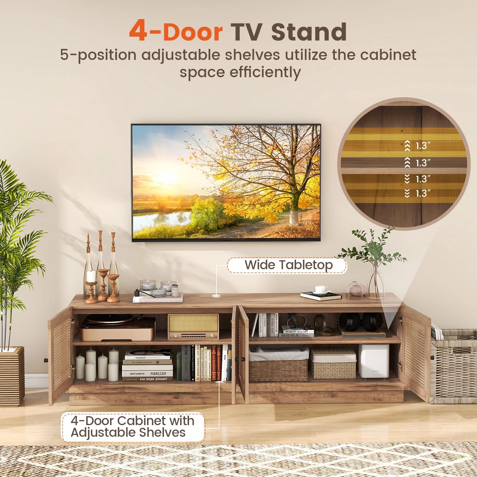 Giantex Farmhouse TV Stand for TVs up to 75, 4-Door PE Rattan Entertainment Center