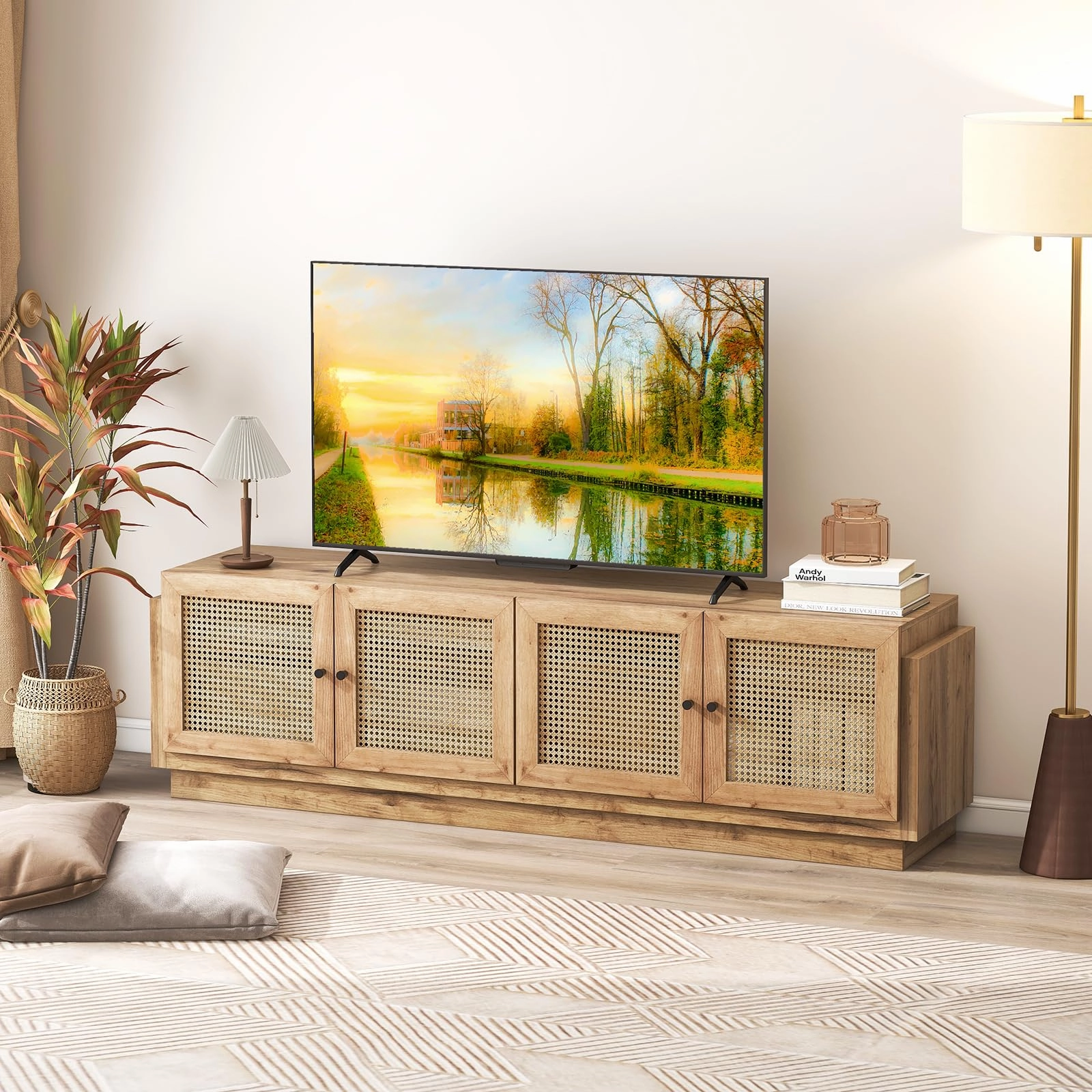 Giantex Farmhouse TV Stand for TVs up to 75, 4-Door PE Rattan Entertainment Center