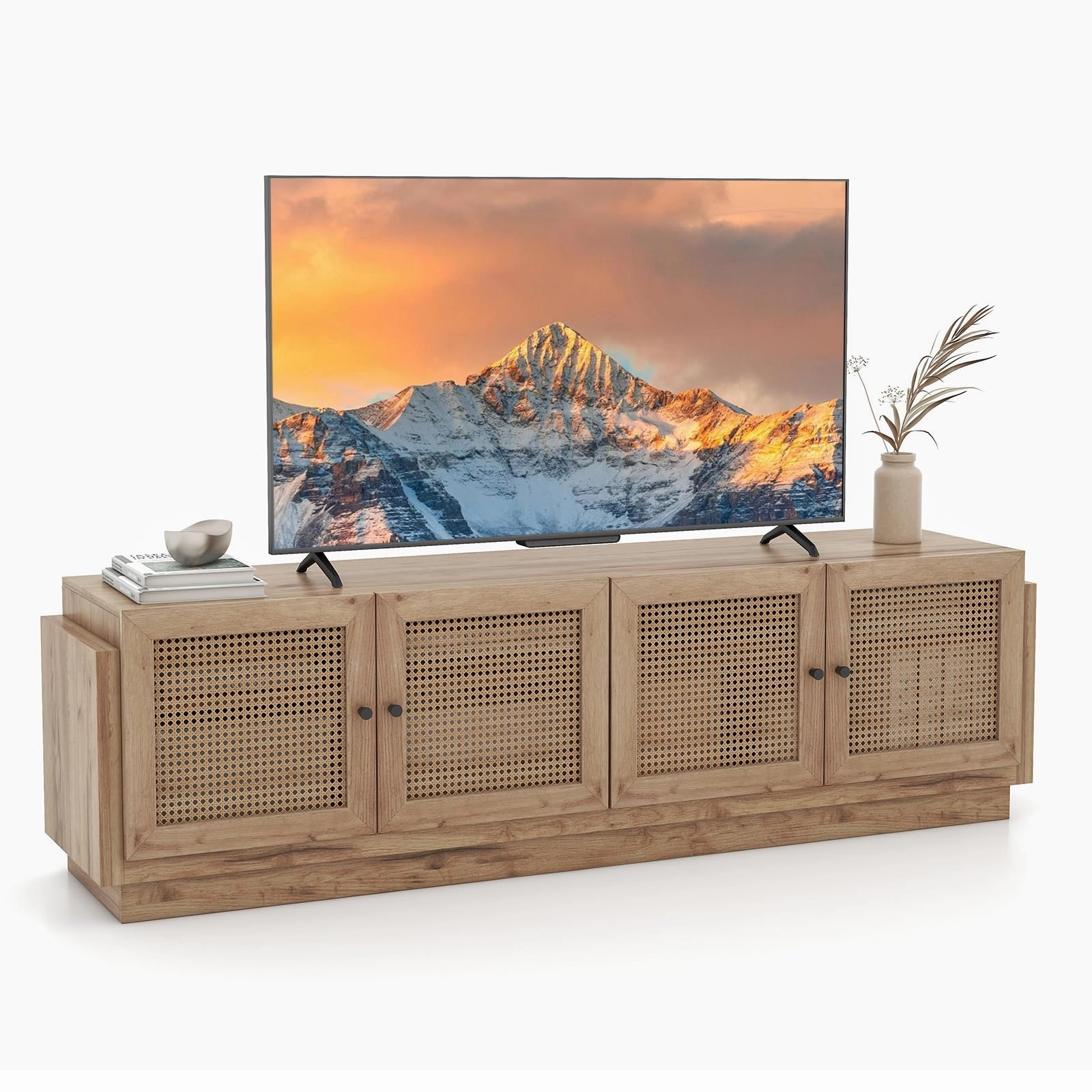 Giantex Farmhouse TV Stand for TVs up to 75, 4-Door PE Rattan Entertainment Center doormat, welcome mat