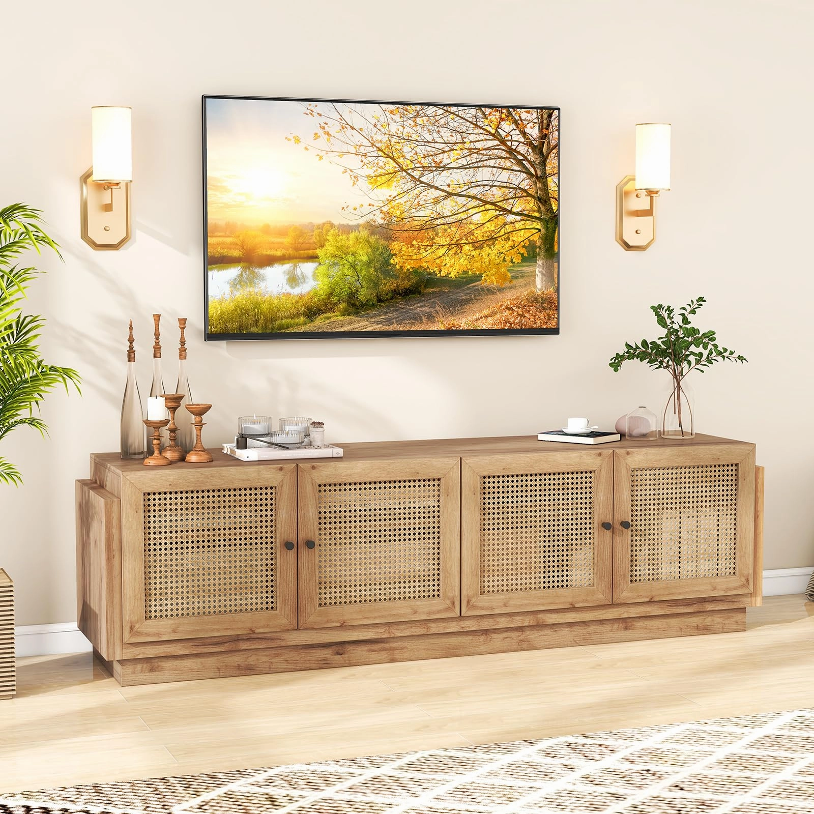 Giantex Farmhouse TV Stand for TVs up to 75, 4-Door PE Rattan Entertainment Center