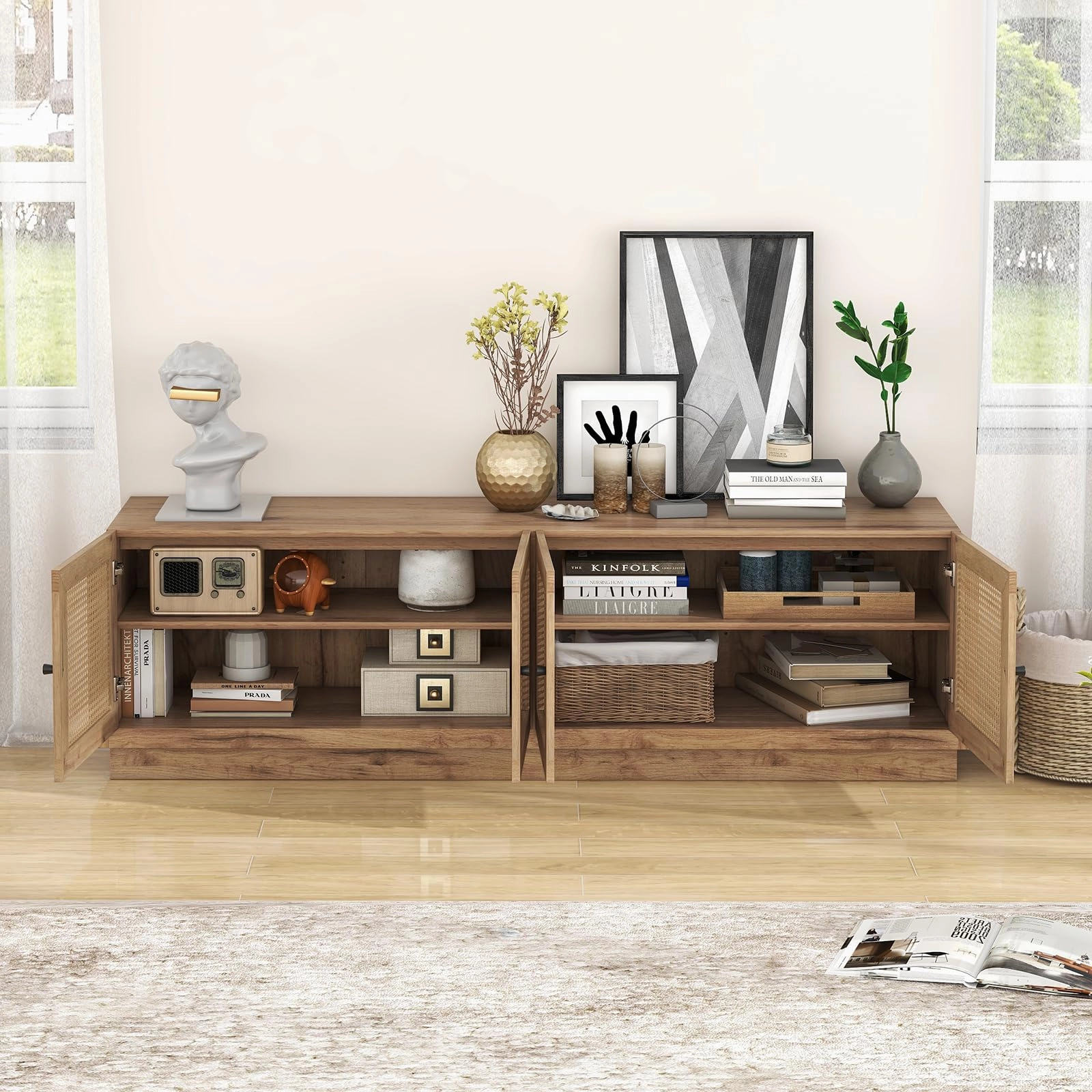 Giantex Farmhouse TV Stand for TVs up to 75, 4-Door PE Rattan Entertainment Center