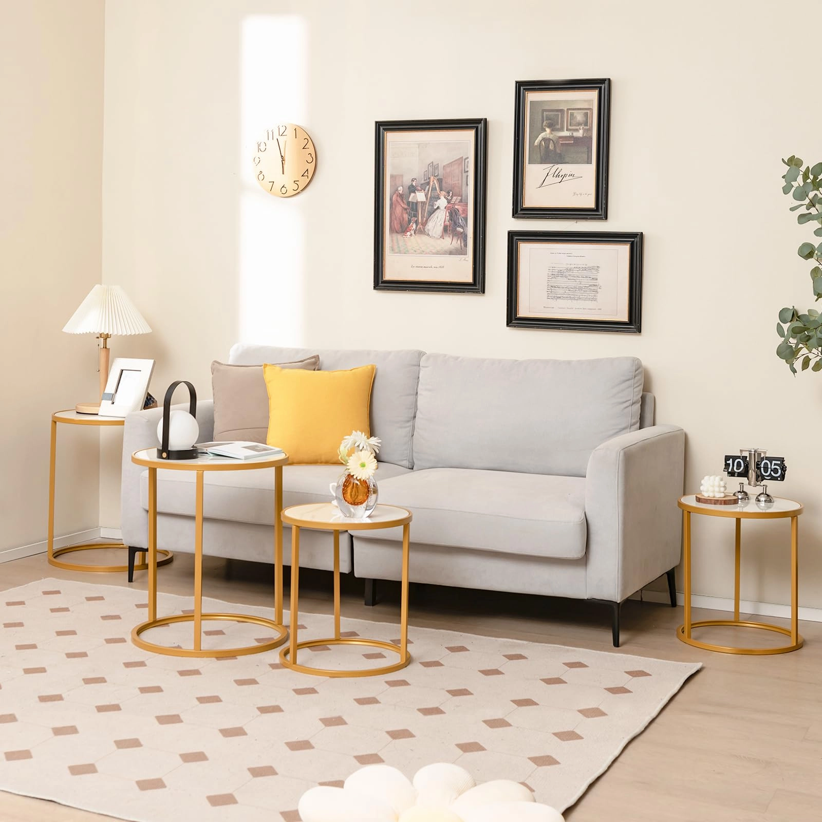 Giantex Faux Marble Side Table, Round End Table with Golden Metal Frame and White Marble Top