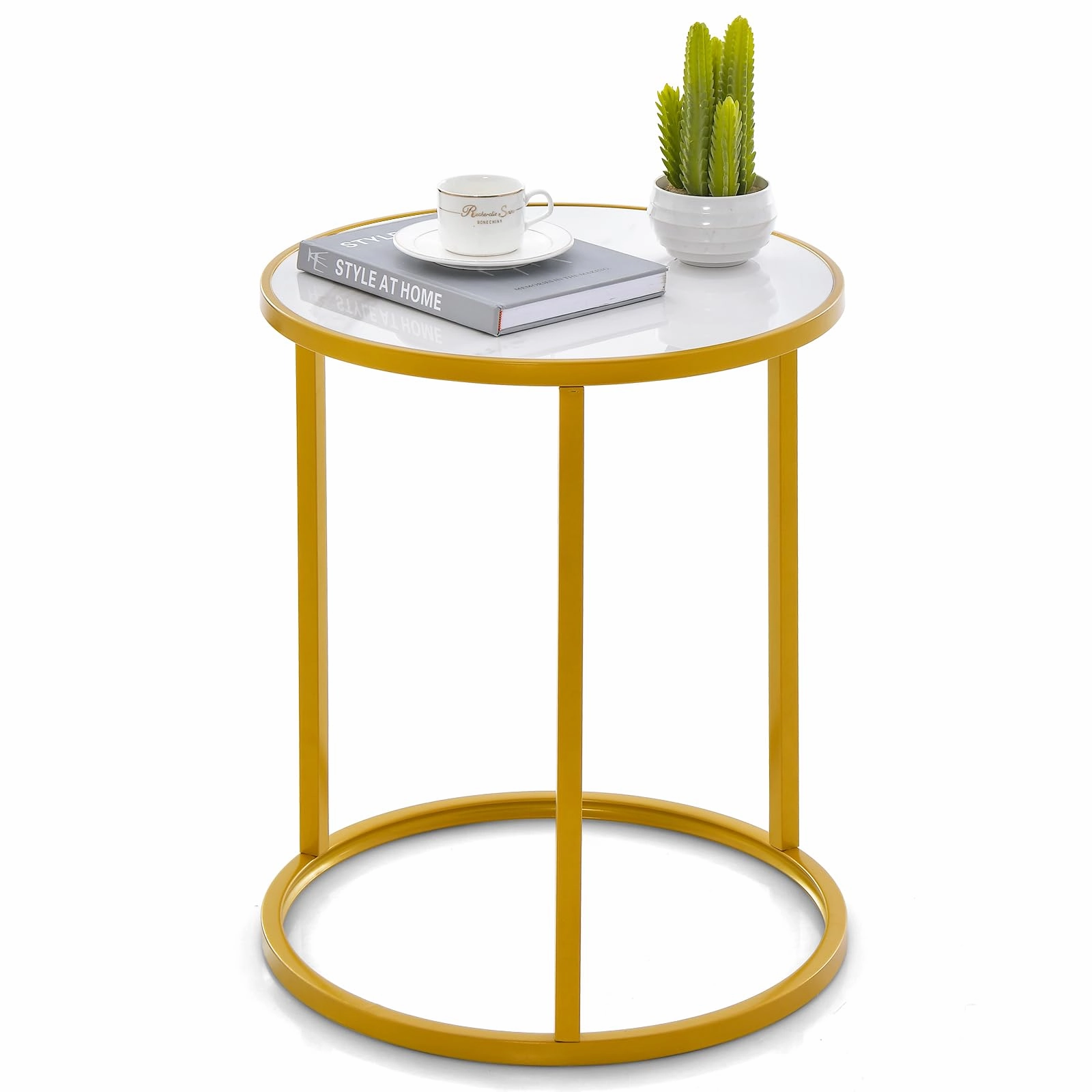 Giantex Faux Marble Side Table, Round End Table with Golden Metal Frame and White Marble Top entry bench, mudroom storage