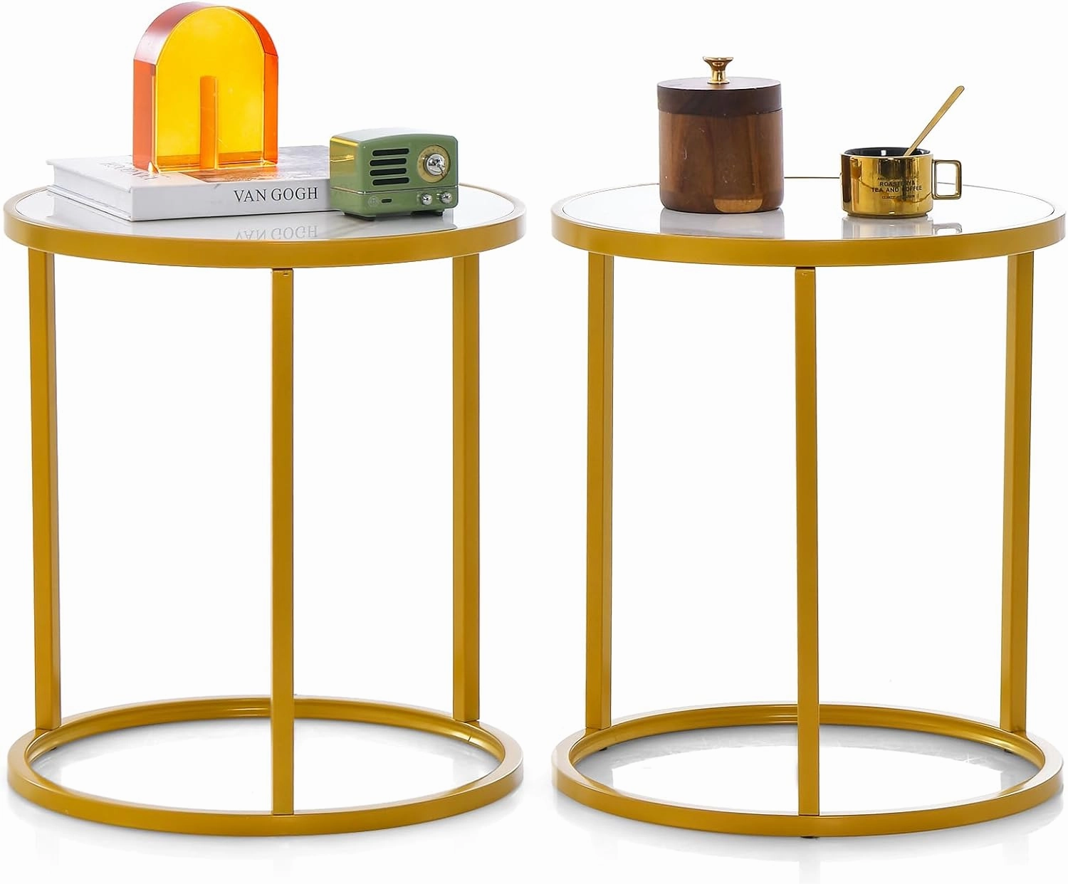 Giantex Faux Marble Side Table, Round End Table with Golden Metal Frame and White Marble Top