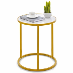 Giantex Faux Marble Side Table, Round End Table with Golden Metal Frame and White Marble Top entry bench, mudroom storage