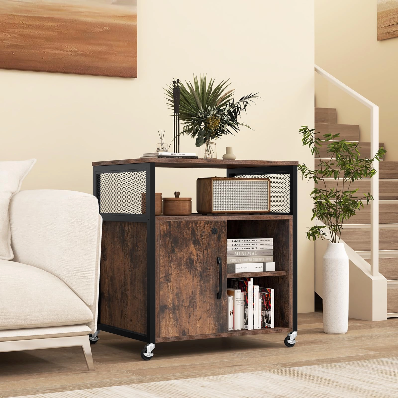 Giantex File Cabinet, Lateral Filing Cabinet with Lock, Wheels, Charging Station, Cable Hole, Lockable Side Cabinet