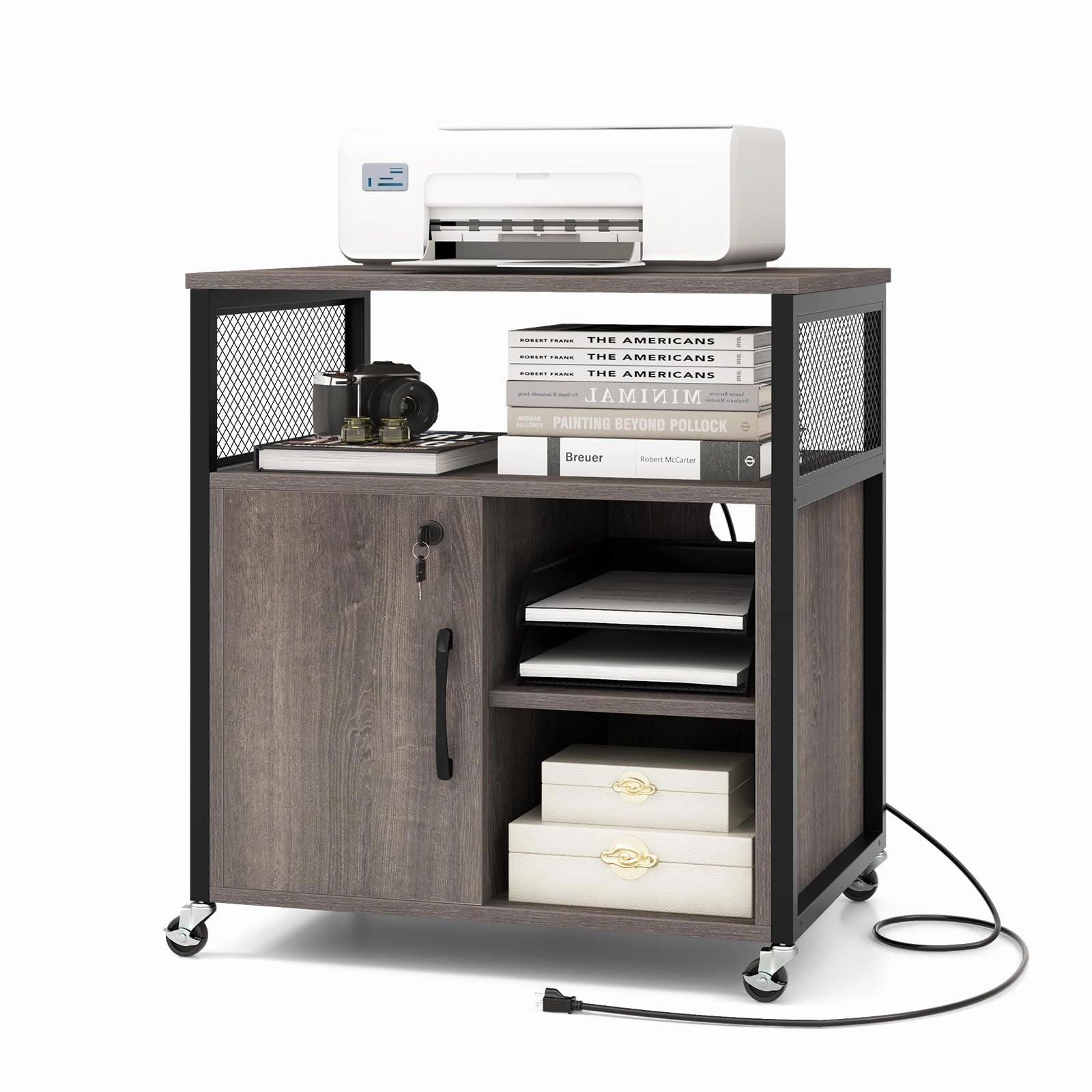 Giantex File Cabinet, Lateral Filing Cabinet with Lock, Wheels, Charging Station, Cable Hole, Lockable Side Cabinet