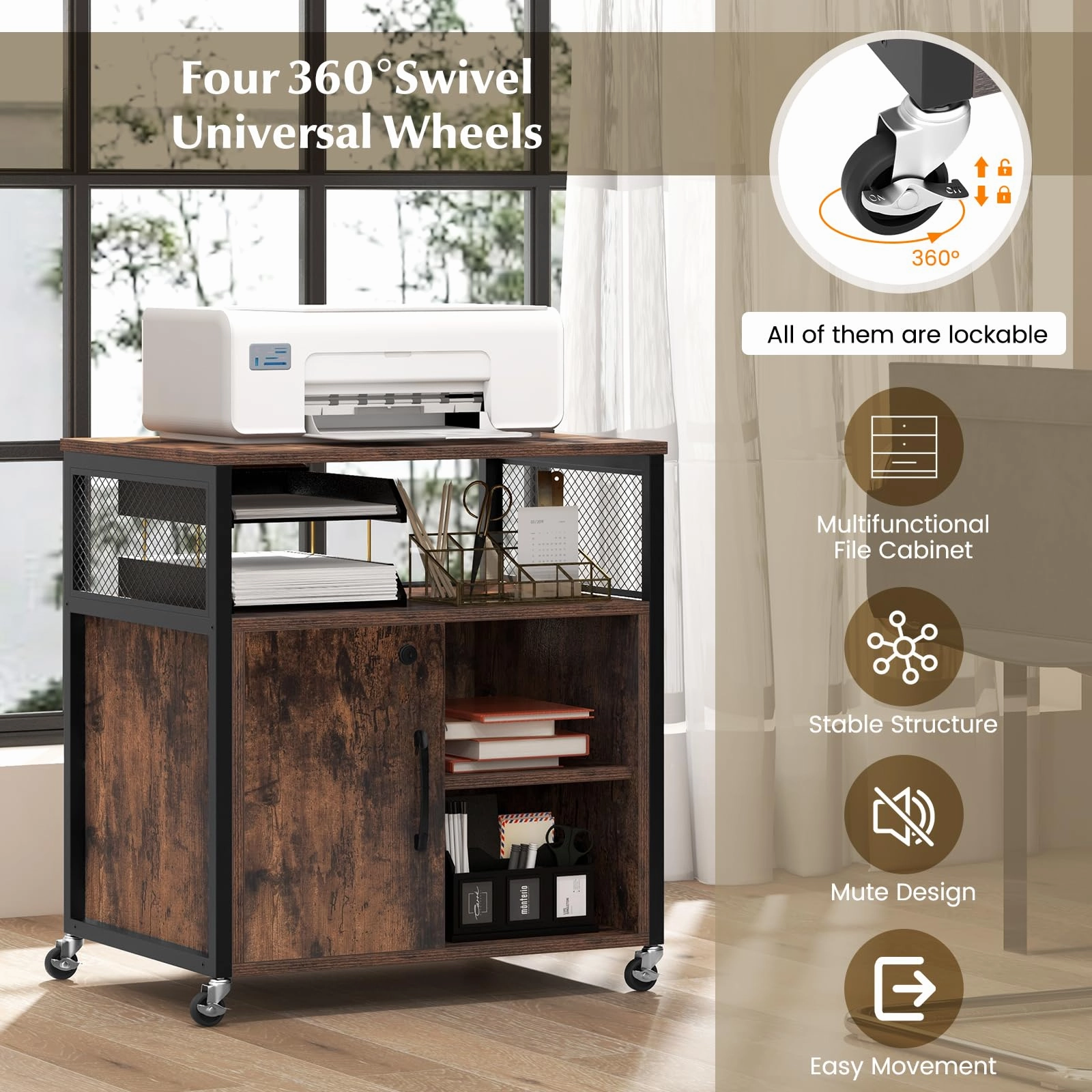 Giantex File Cabinet, Lateral Filing Cabinet with Lock, Wheels, Charging Station, Cable Hole, Lockable Side Cabinet