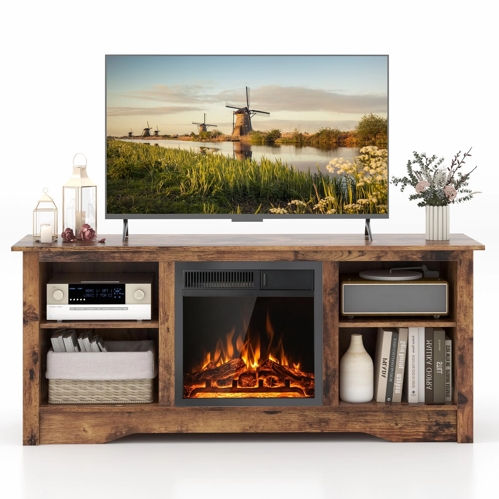 Giantex Fireplace TV Stand for TVs Up to 65, Entertainment Center with Adjustable Shelves
