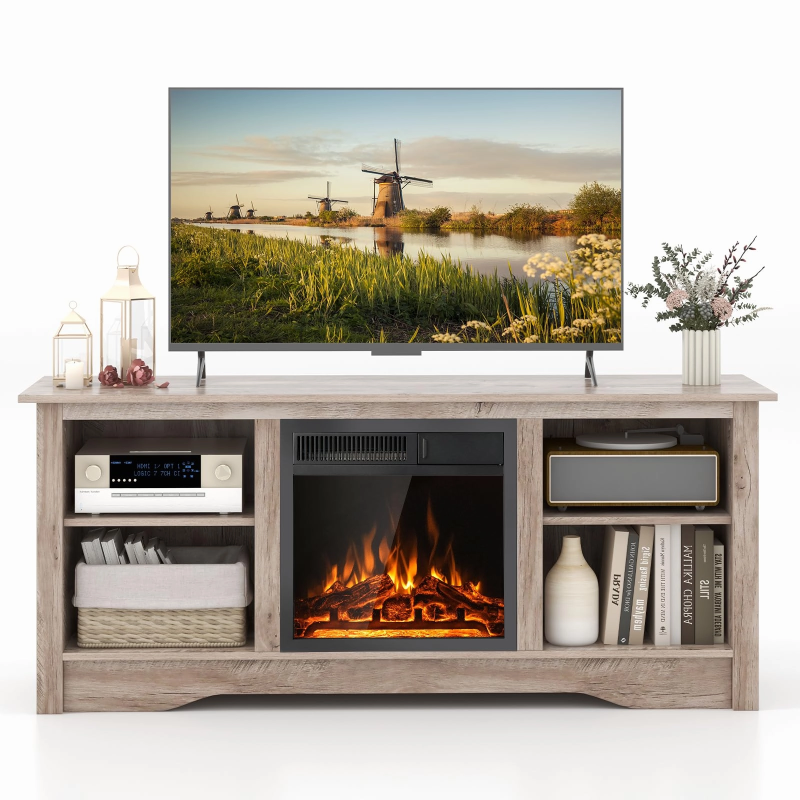 Giantex Fireplace TV Stand for TVs Up to 65, Entertainment Center with Adjustable Shelves