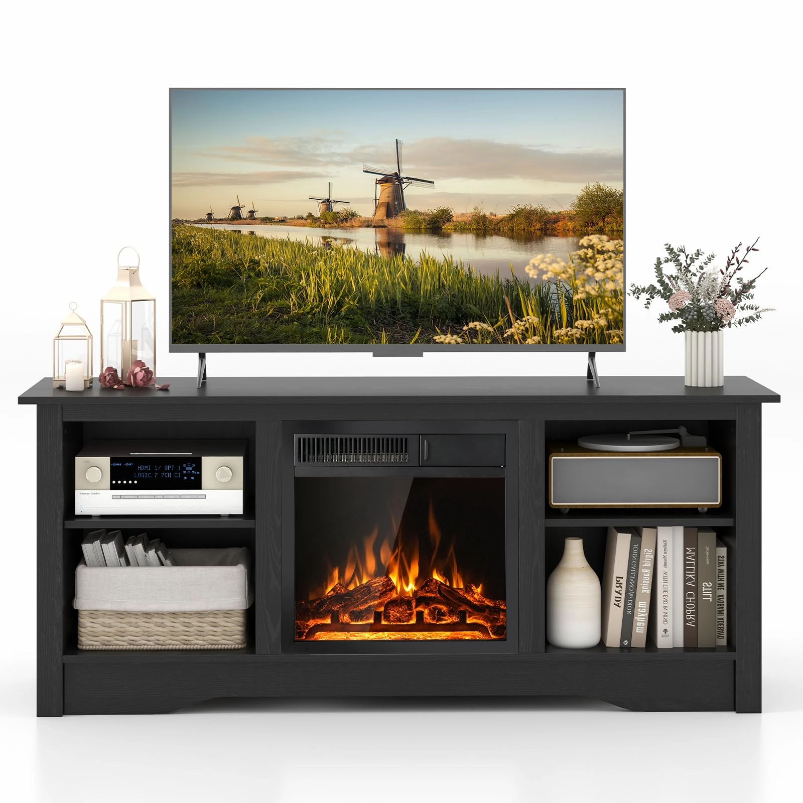 Giantex Fireplace TV Stand for TVs Up to 65, Entertainment Center with Adjustable Shelves doormat, welcome mat