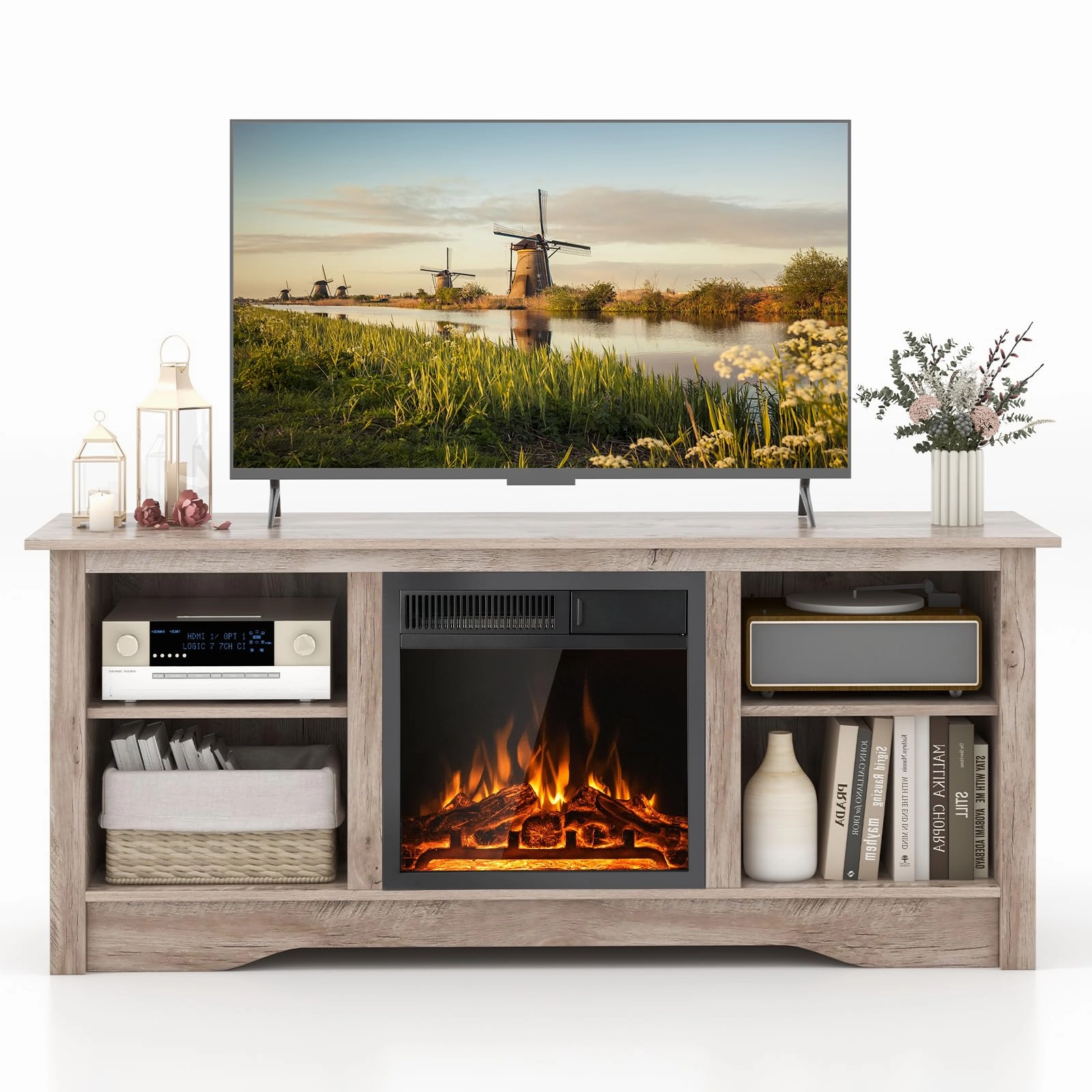 Giantex Fireplace TV Stand for TVs Up to 65, Entertainment Center with Adjustable Shelves