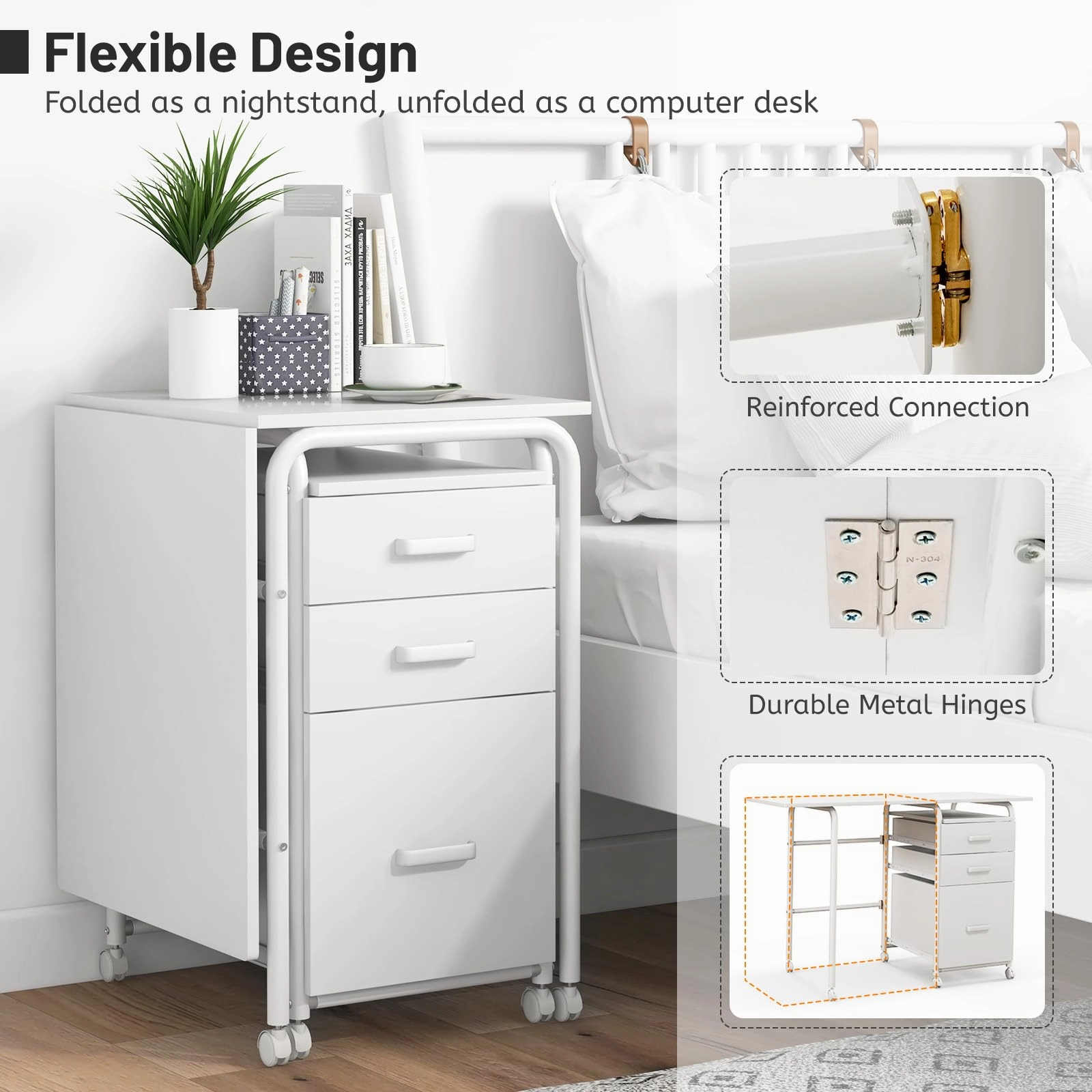 Giantex Folding Desk for Small Space, Rolling Home Office Desk with 3 Drawers & Lockable Universal Wheels