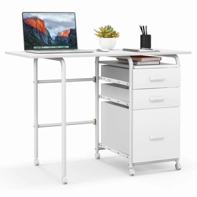 Giantex Folding Desk for Small Space, Rolling Home Office Desk with 3 Drawers & Lockable Universal Wheels patio decor, garden accessories