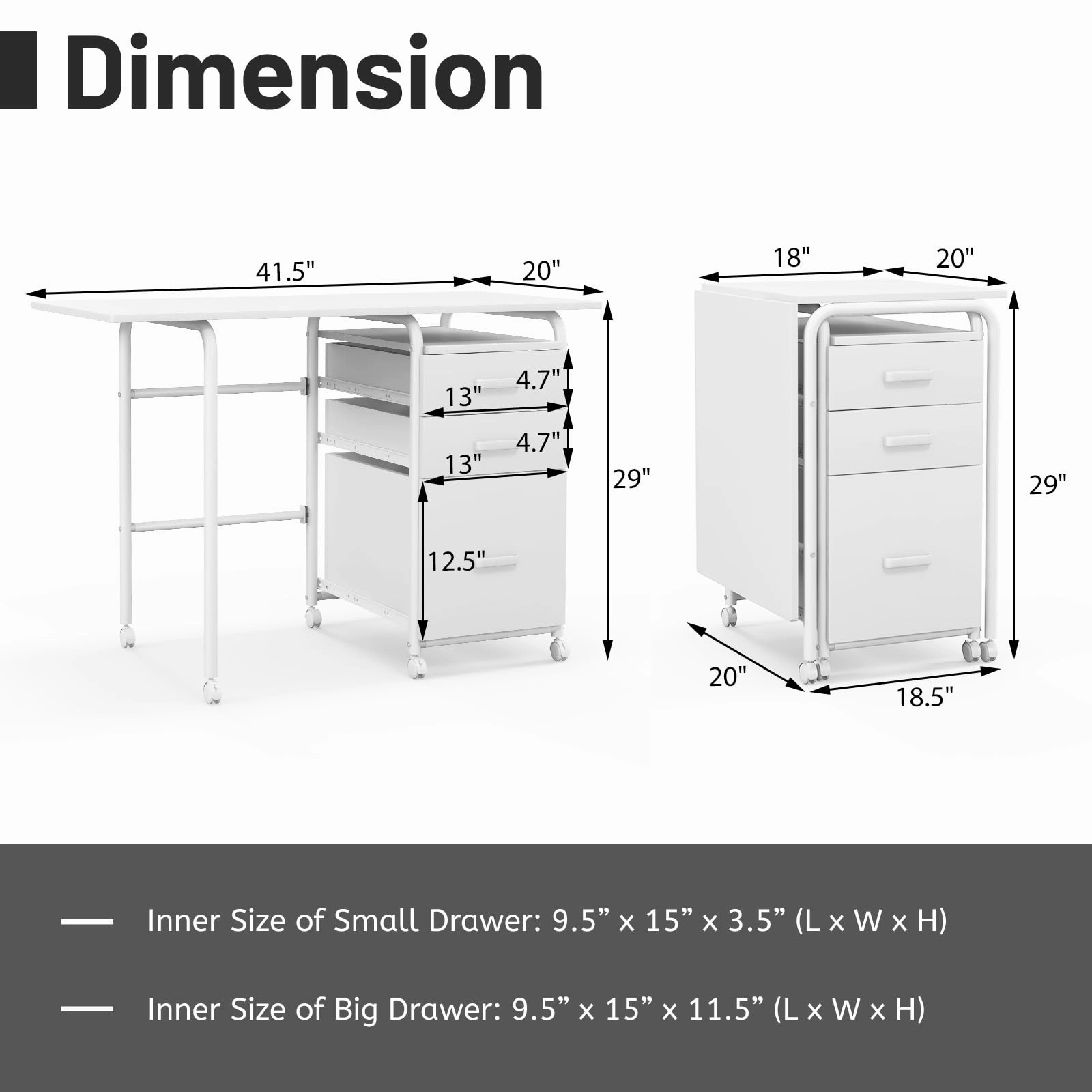 Giantex Folding Desk for Small Space, Rolling Home Office Desk with 3 Drawers & Lockable Universal Wheels