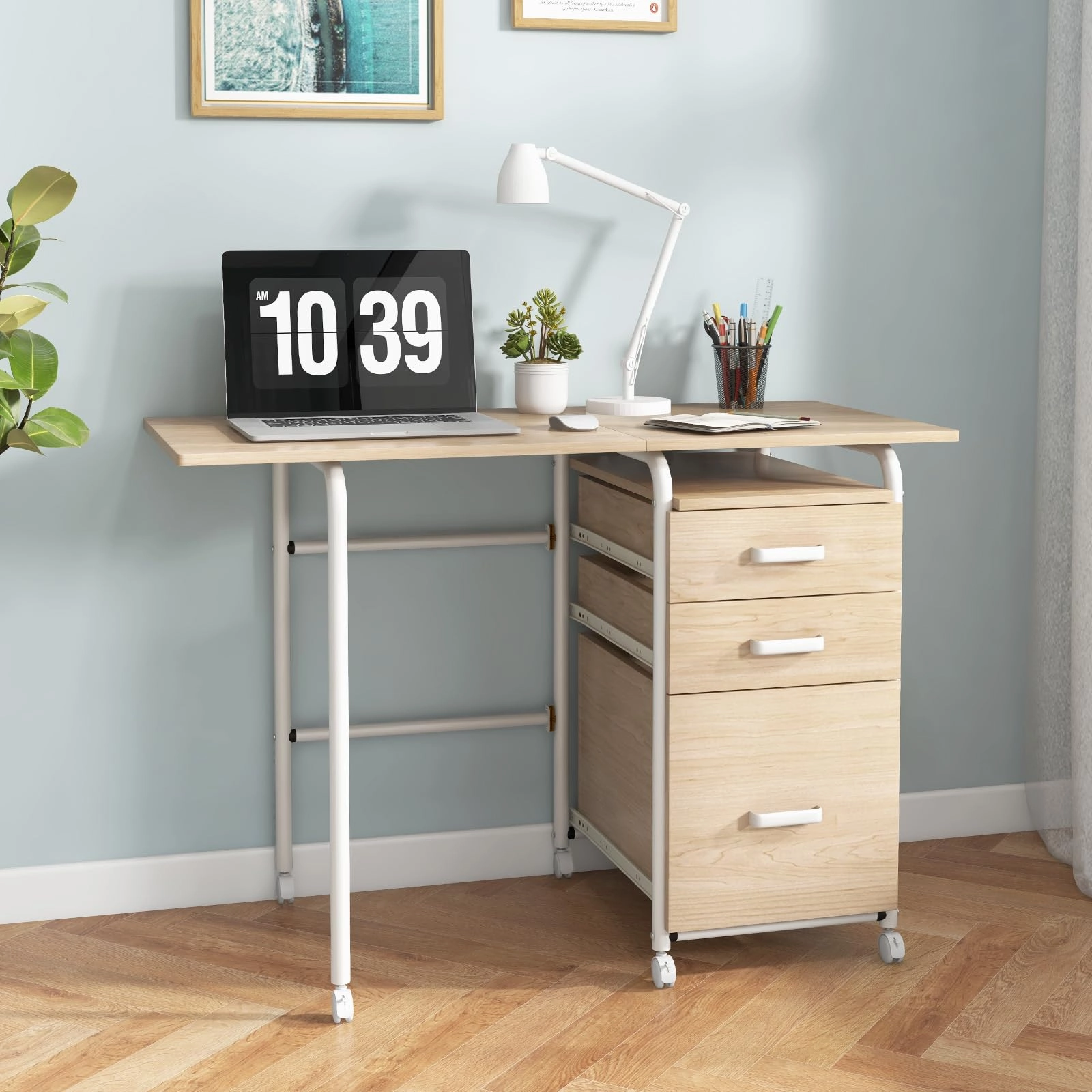 Giantex Folding Desk for Small Space, Rolling Home Office Desk with 3 Drawers & Lockable Universal Wheels