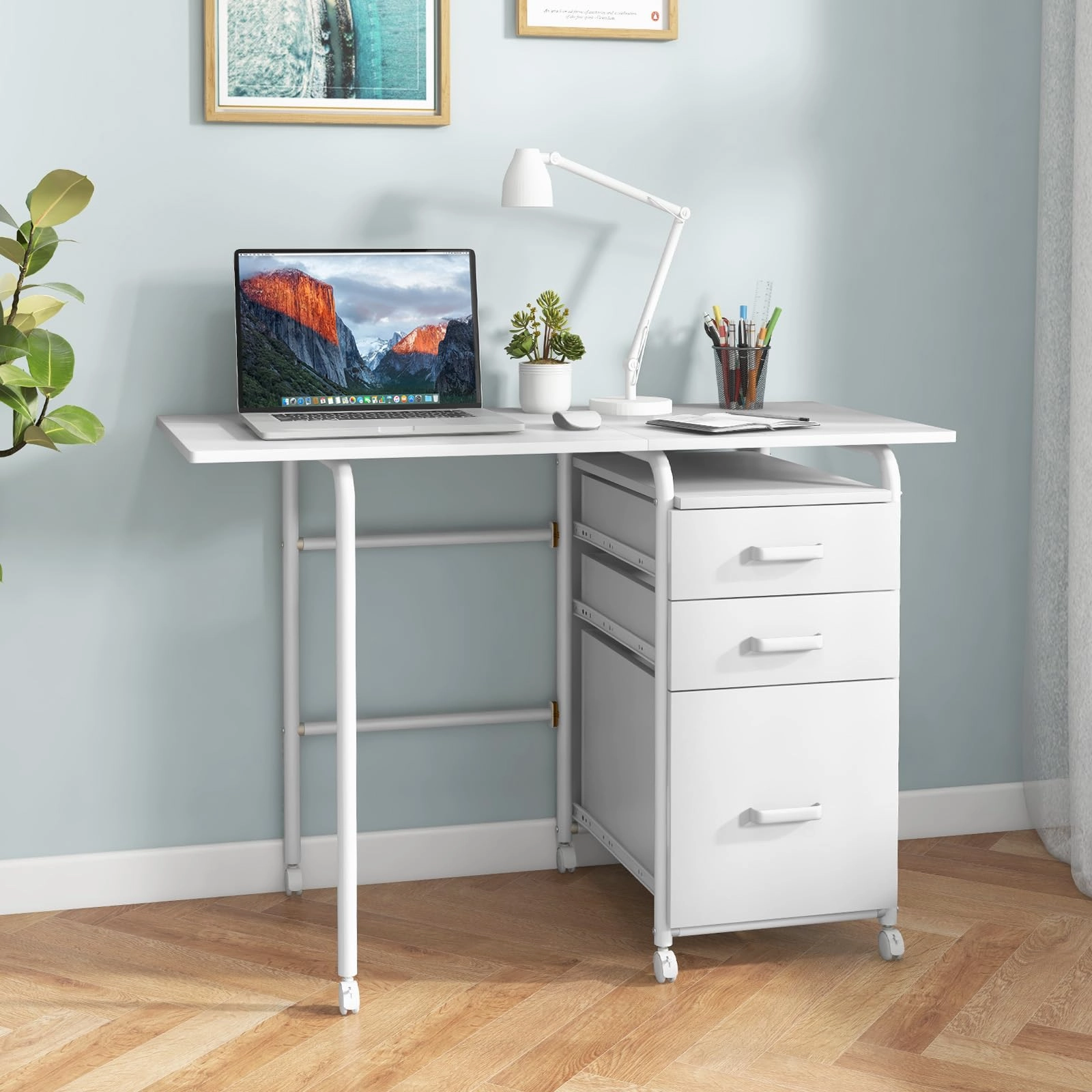 Giantex Folding Desk for Small Space, Rolling Home Office Desk with 3 Drawers & Lockable Universal Wheels