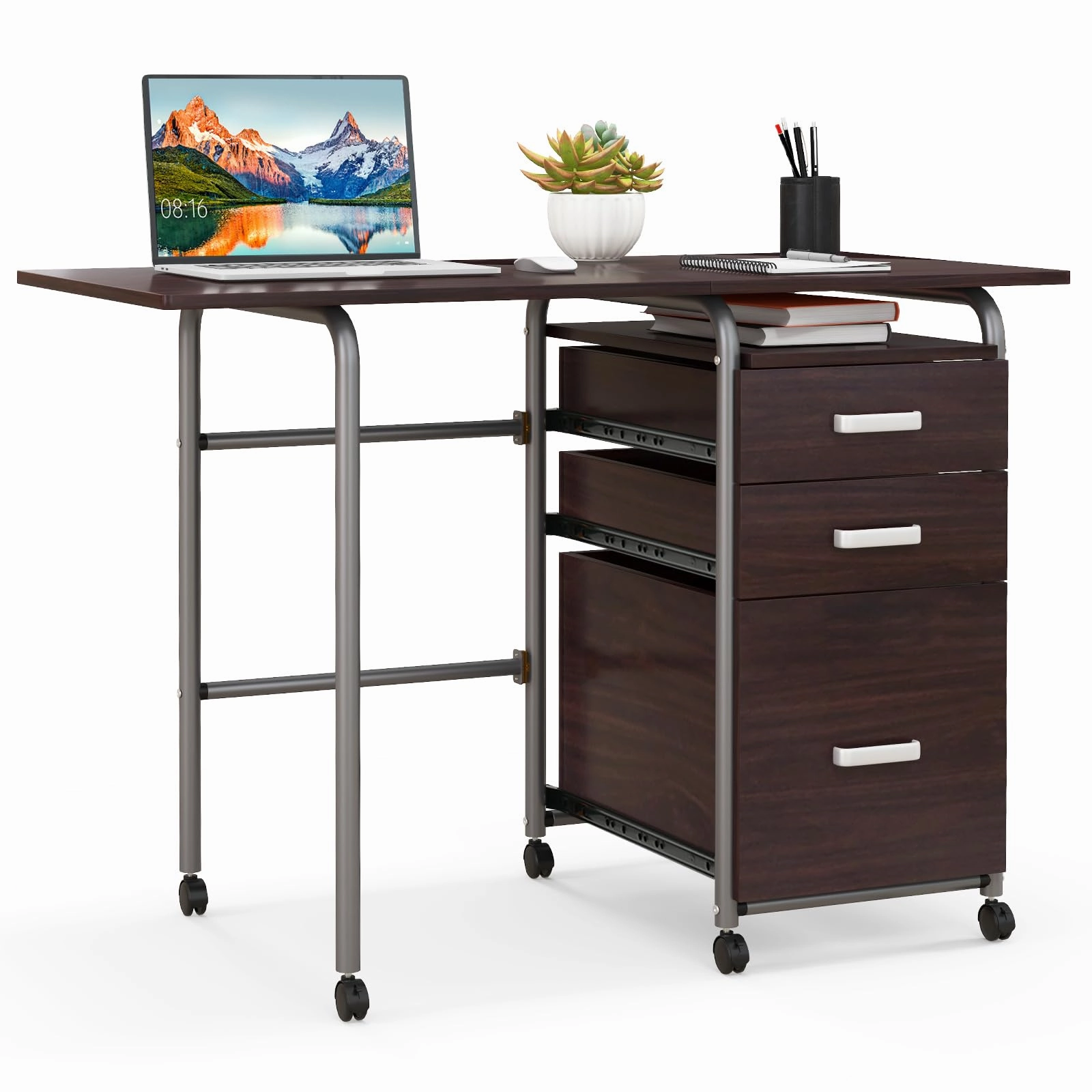 Giantex Folding Desk for Small Space, Rolling Home Office Desk with 3 Drawers & Lockable Universal Wheels