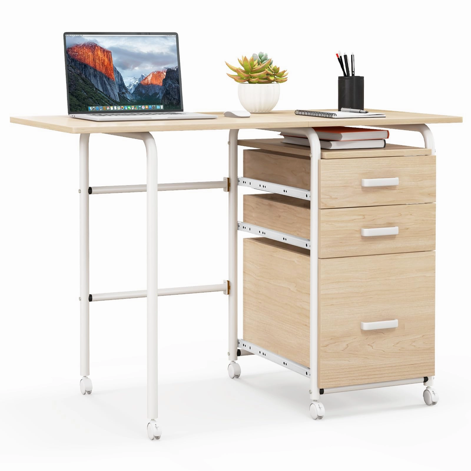Giantex Folding Desk for Small Space, Rolling Home Office Desk with 3 Drawers & Lockable Universal Wheels