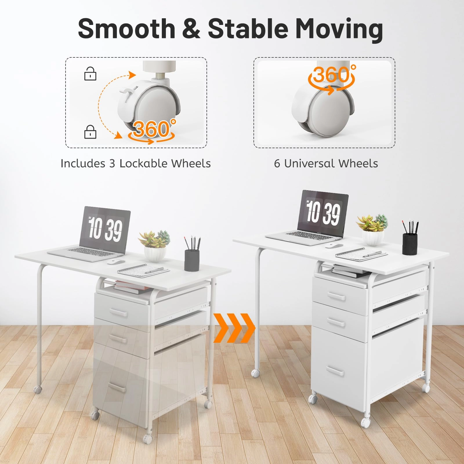 Giantex Folding Desk for Small Space, Rolling Home Office Desk with 3 Drawers & Lockable Universal Wheels