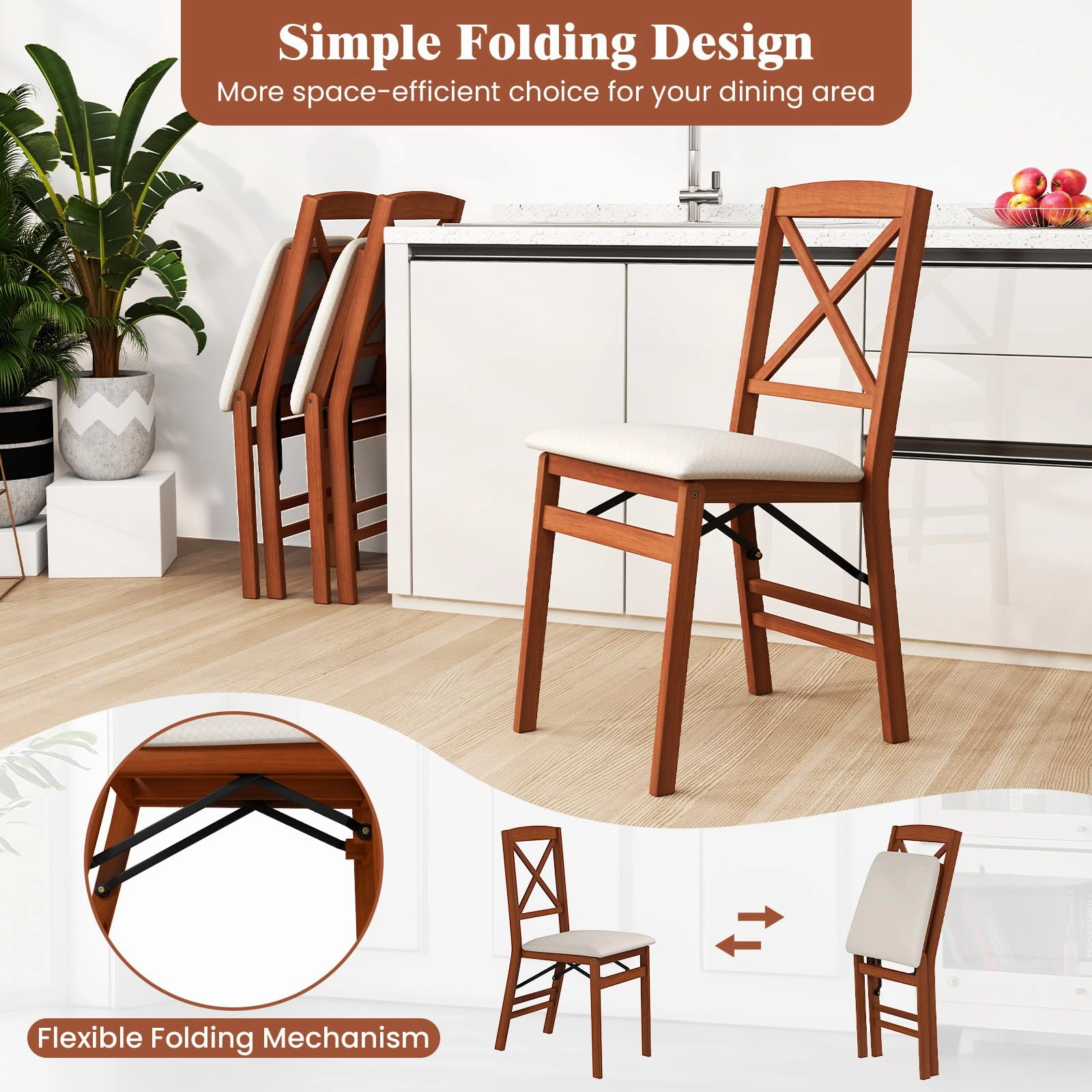 Giantex Folding Dining Chairs Set of 2/4, Modern Kitchen Chairs w/Padded Seat & Cross Backrest