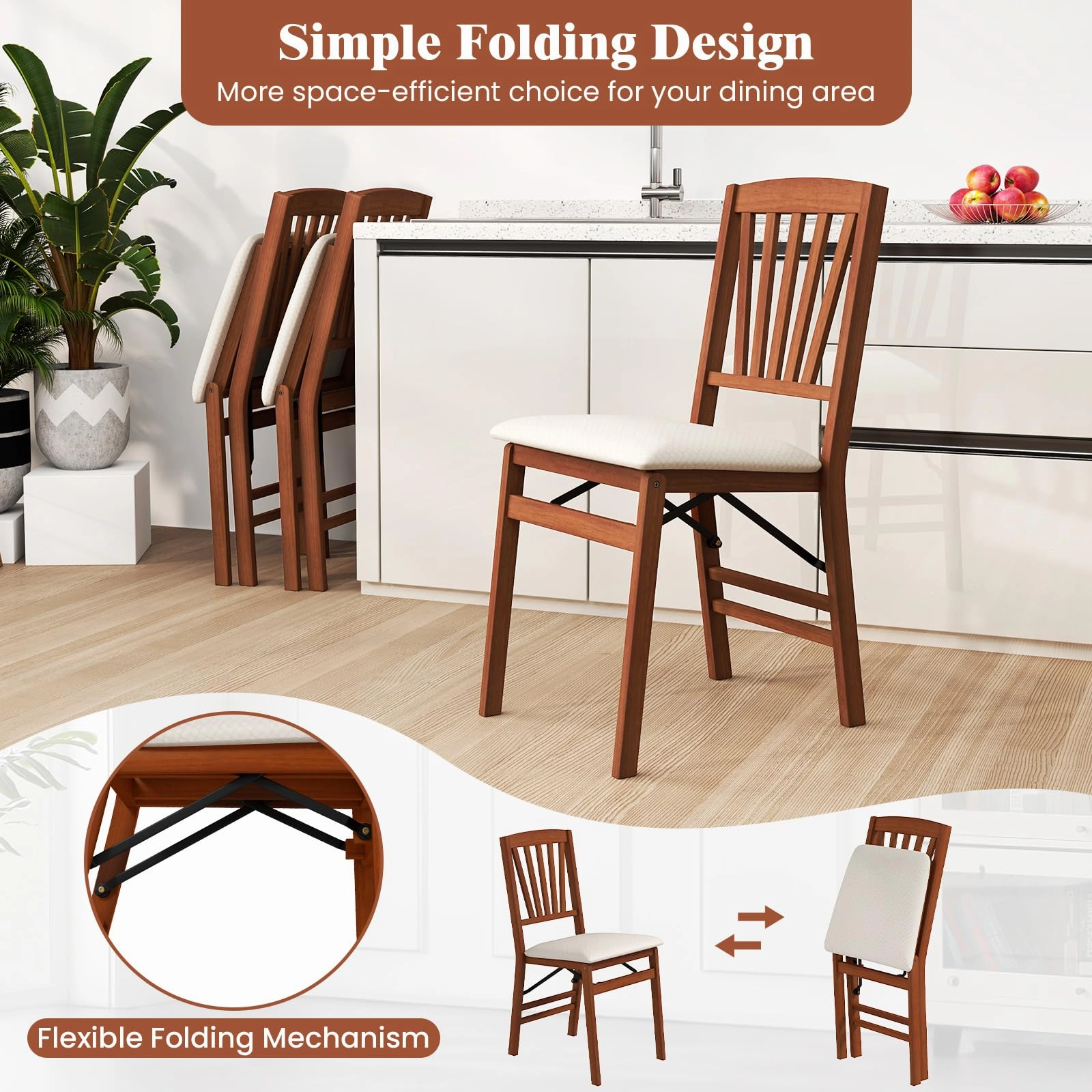Giantex Folding Dining Chairs Set of 2/4, Modern Kitchen Chairs w/Padded Seat & Slatted Backrest, Rubber Wood Frame