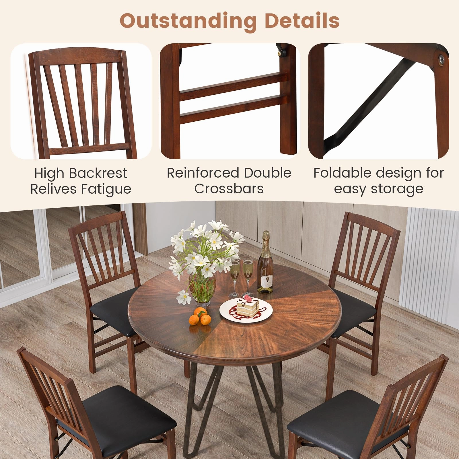 Giantex Folding Dining Chairs Set of 2, Foldable Wood Kitchen Chairs with Padded Seat