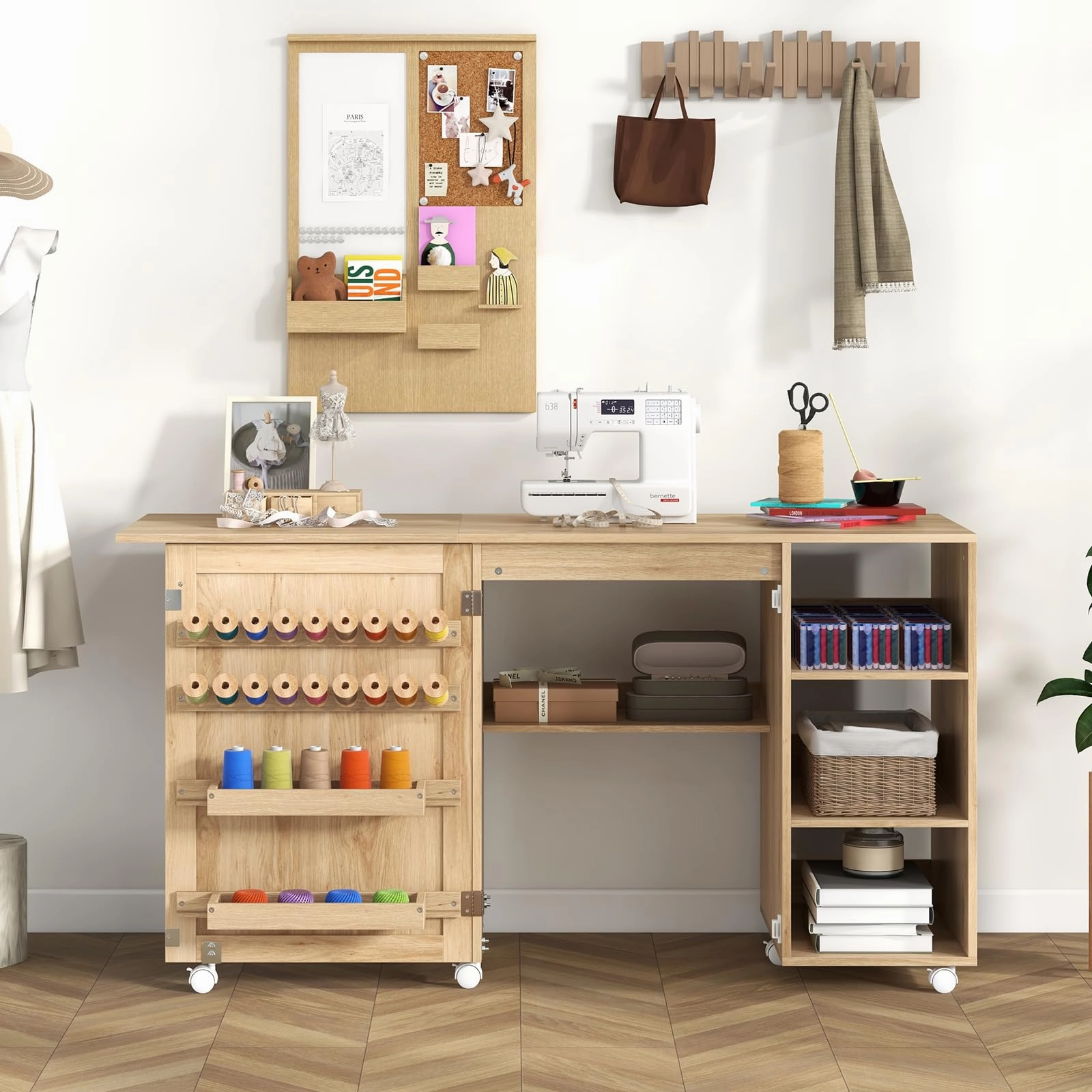 Giantex Folding Rattan Sewing Table - Boho Sewing Machine Cabinet with Rattan Door, 57.5''L x 20''W x 31''H, Natural