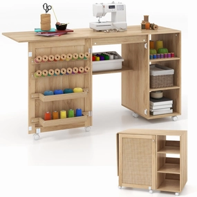 Giantex Folding Rattan Sewing Table - Boho Sewing Machine Cabinet with Rattan Door, 57.5''L x 20''W x 31''H, Natural patio decor, garden accessories