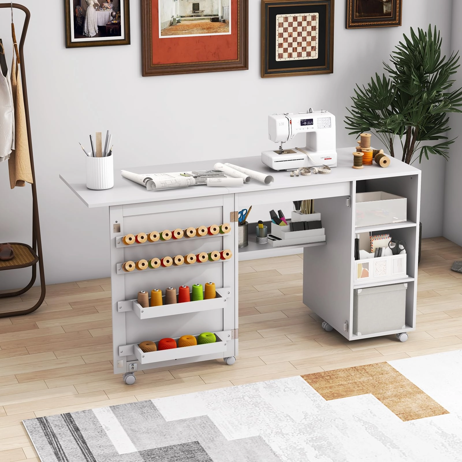Giantex Folding Sewing Table - 57.5" x 20" Foldable Sewing Machine Cabinet with 18 Pegs