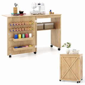 Giantex Folding Sewing Table - Farmhouse Sewing Machine Cabinet with Barn Door patio decor, garden accessories