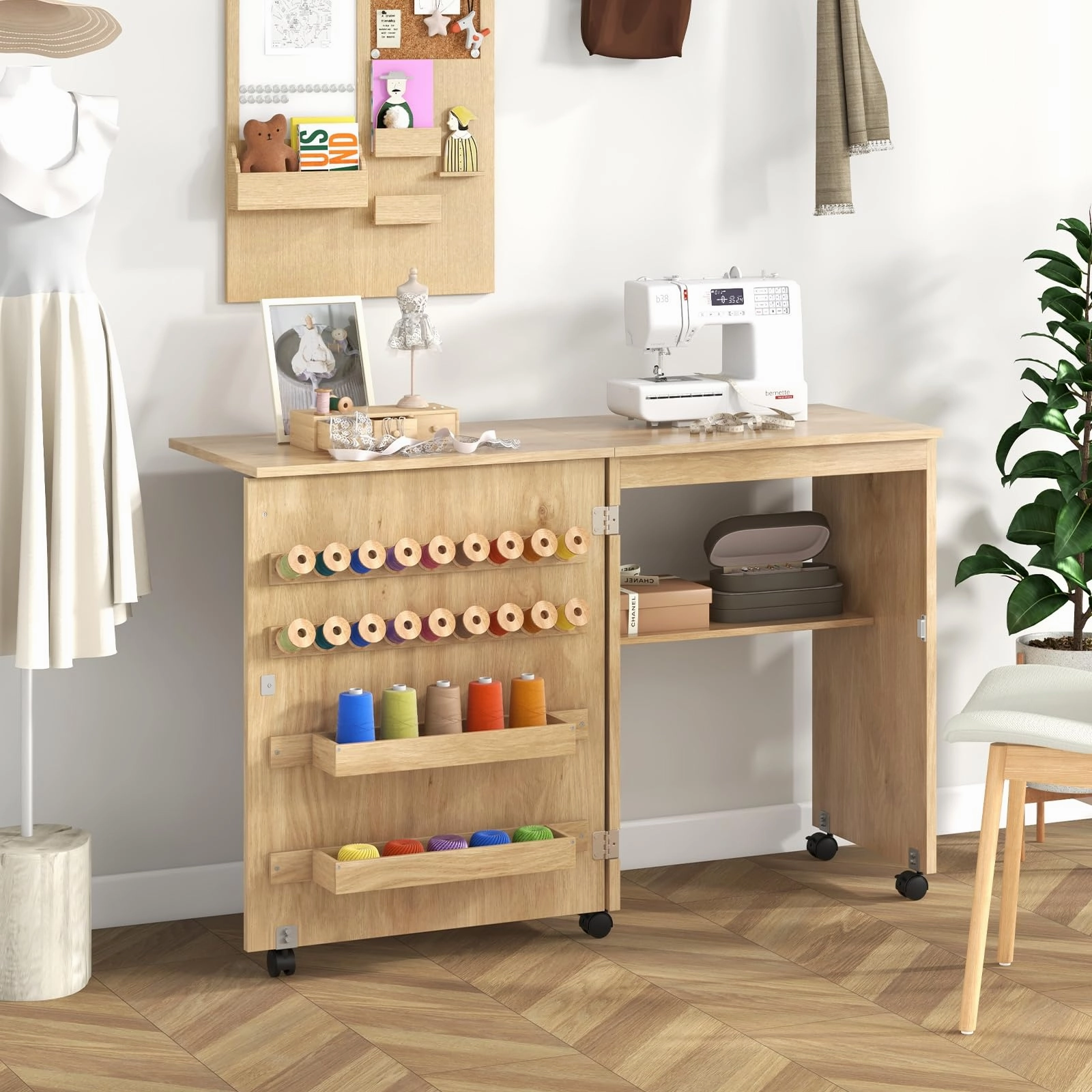 Giantex Folding Sewing Table - Farmhouse Sewing Machine Cabinet with Barn Door