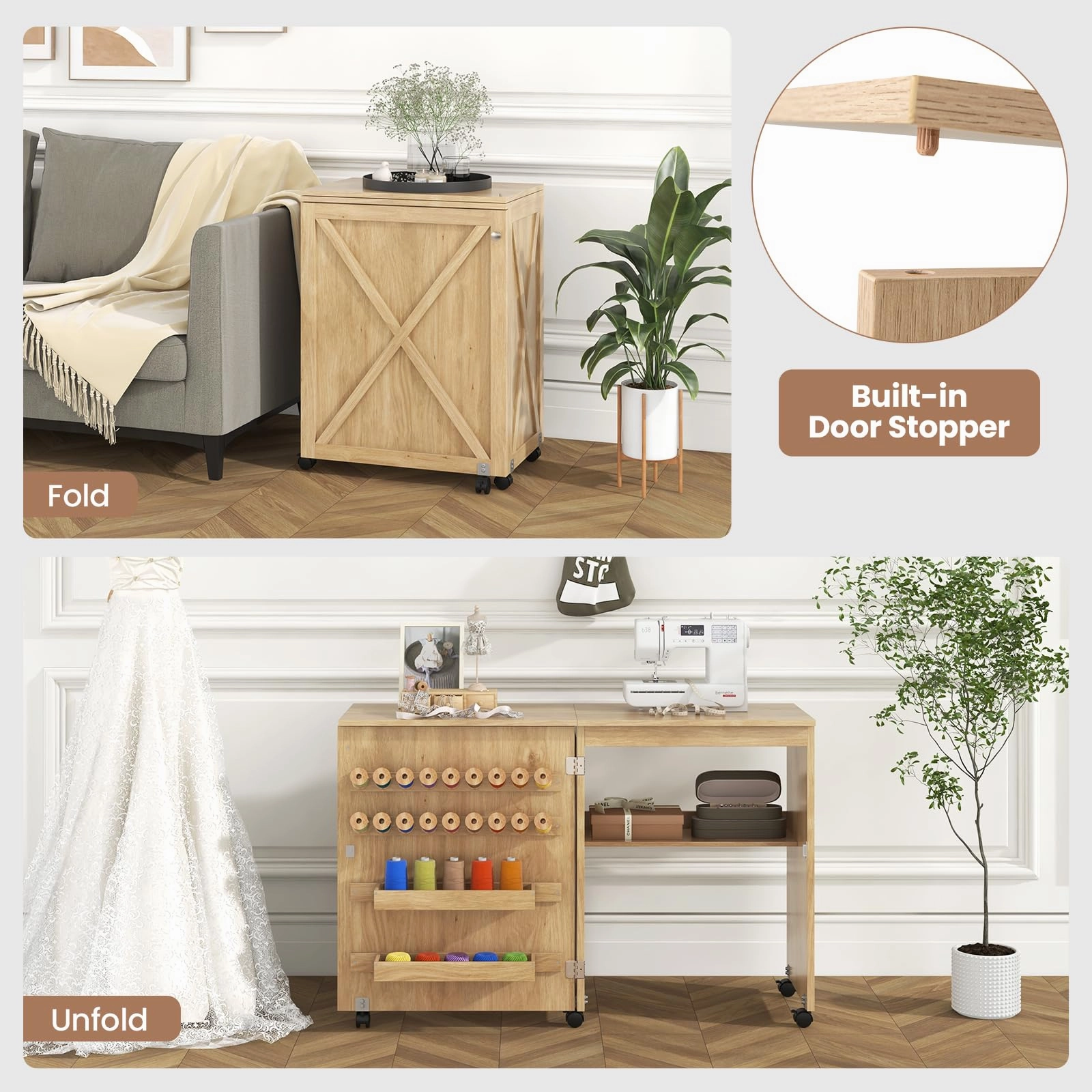 Giantex Folding Sewing Table - Farmhouse Sewing Machine Cabinet with Barn Door