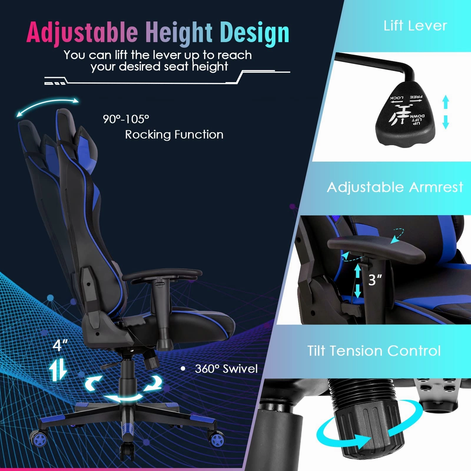 Giantex Gaming Chair with RGB LED Lights, Ergonomic Video Game Chair